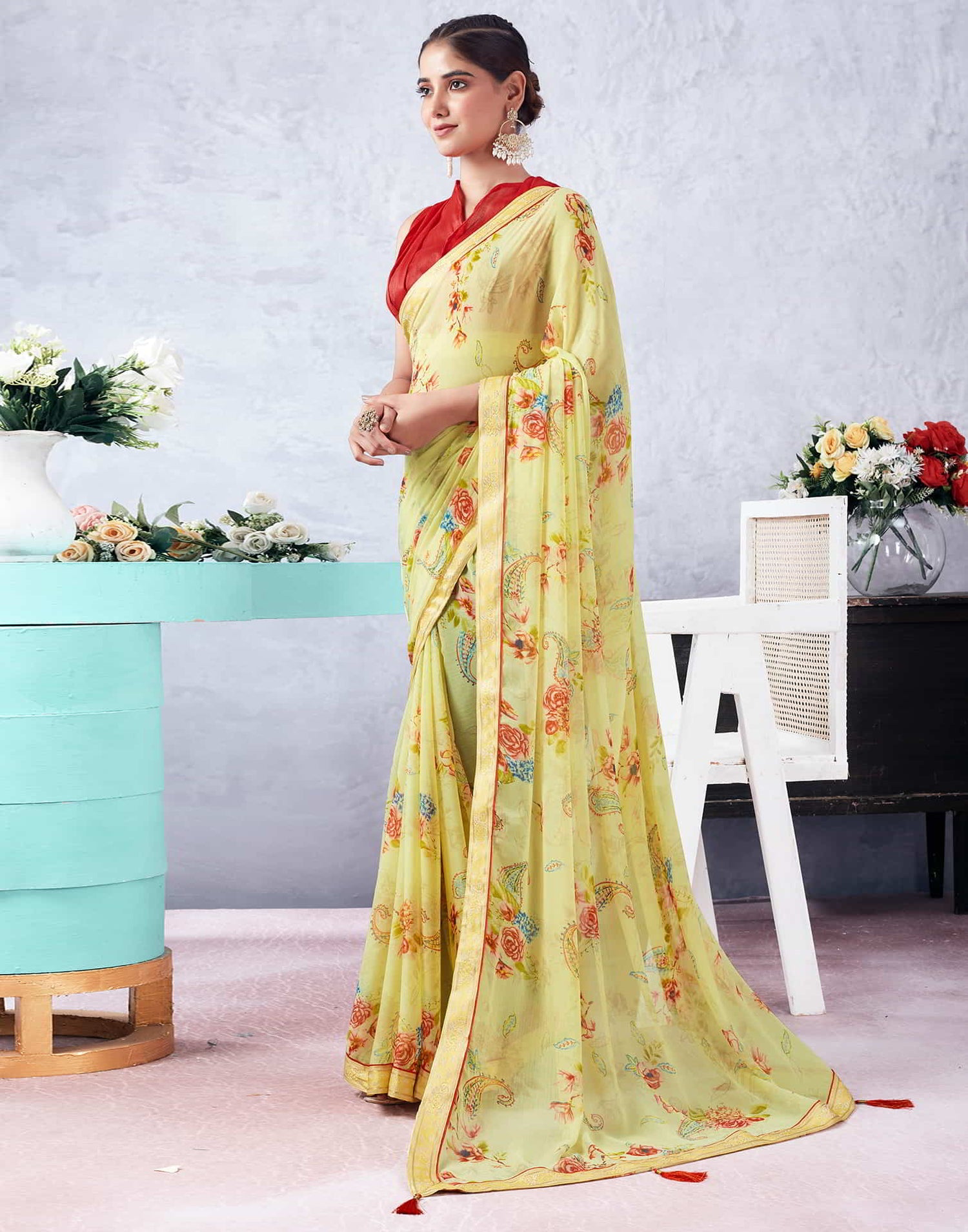 Yellow Printed Chiffon Saree