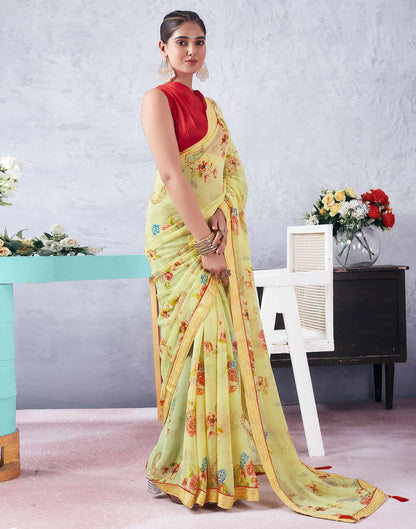 Yellow Printed Chiffon Saree