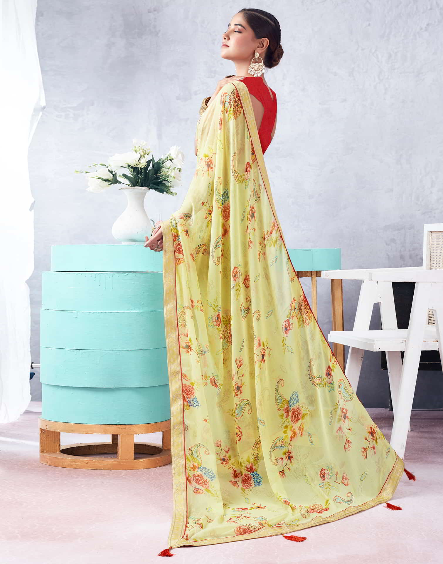 Yellow Printed Chiffon Saree