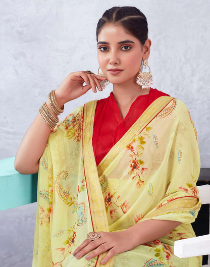 Yellow Printed Chiffon Saree