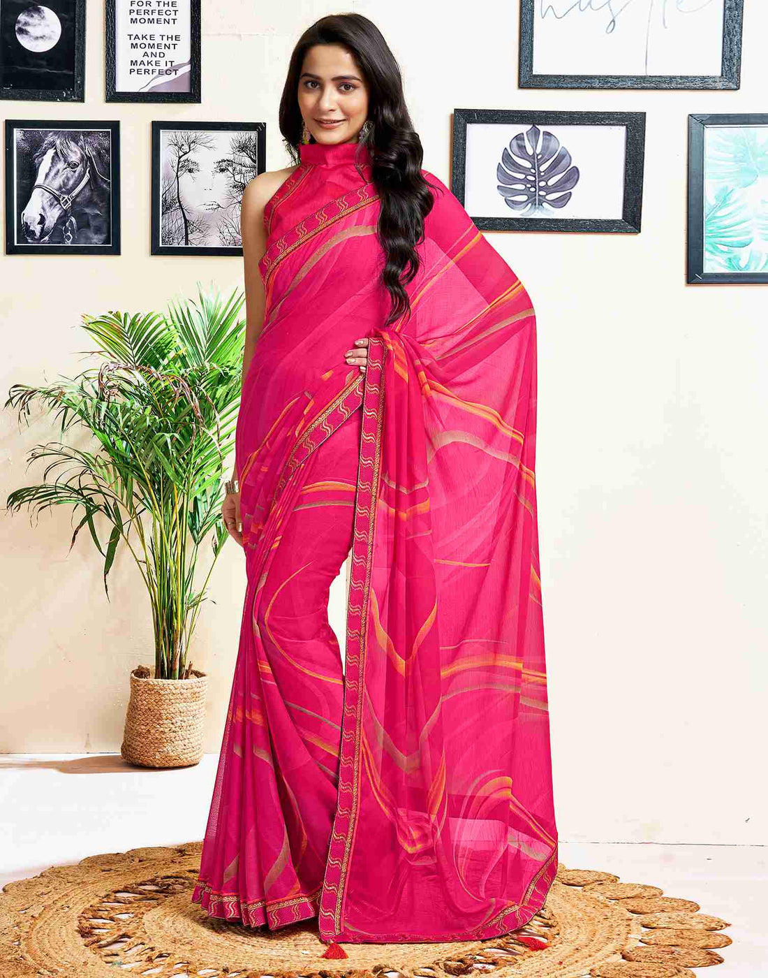 Rani Pink Chiffon Printed Saree