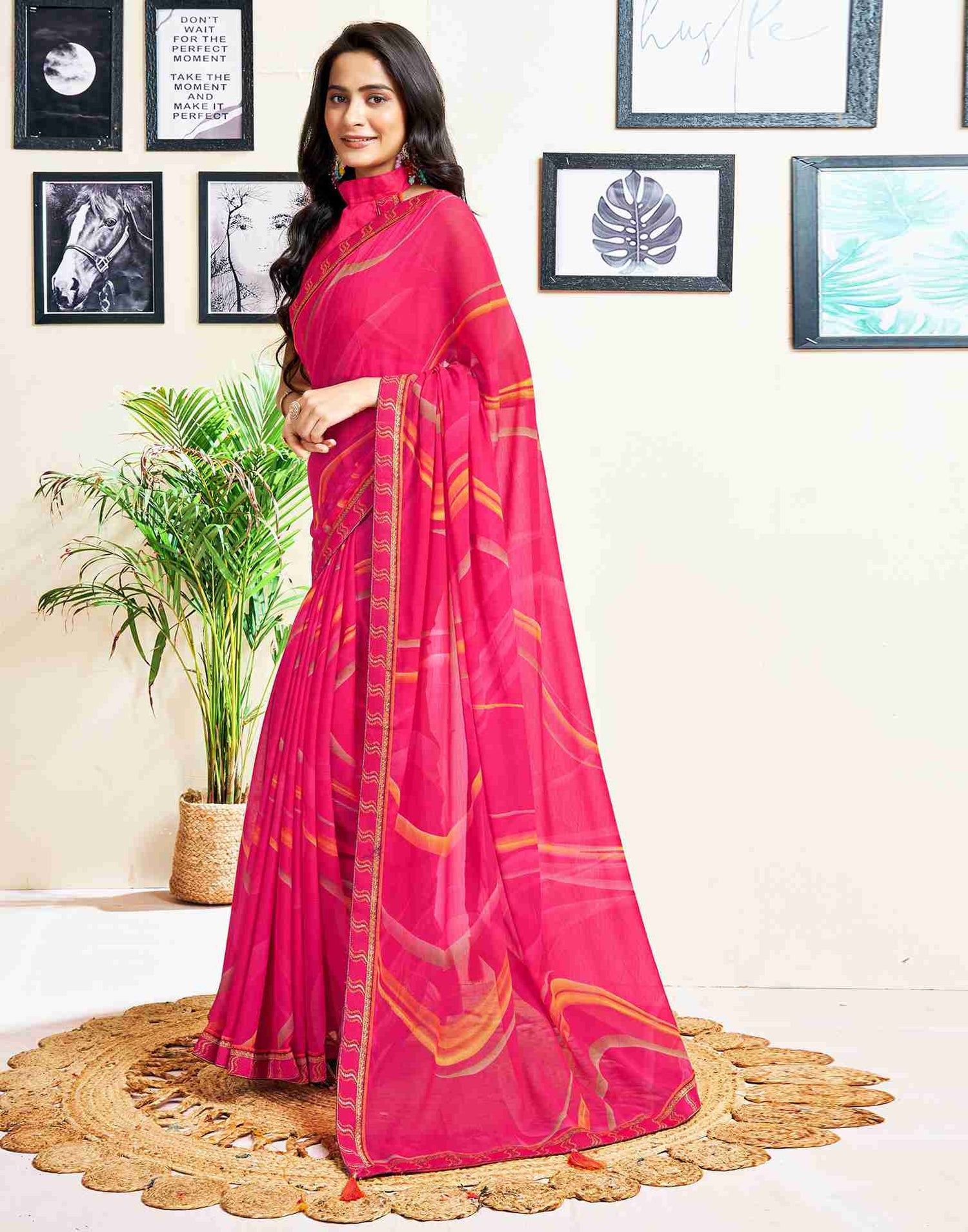 Rani Pink Chiffon Printed Saree