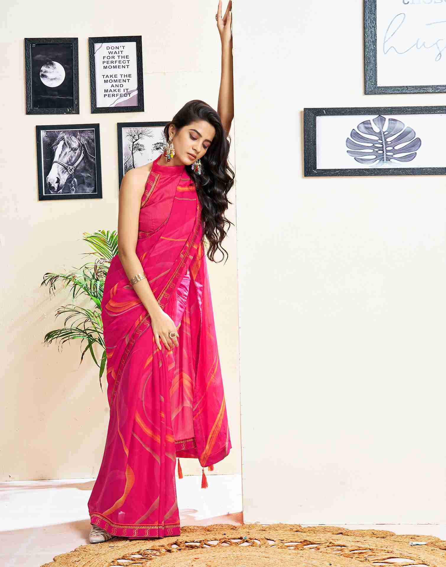 Rani Pink Chiffon Printed Saree