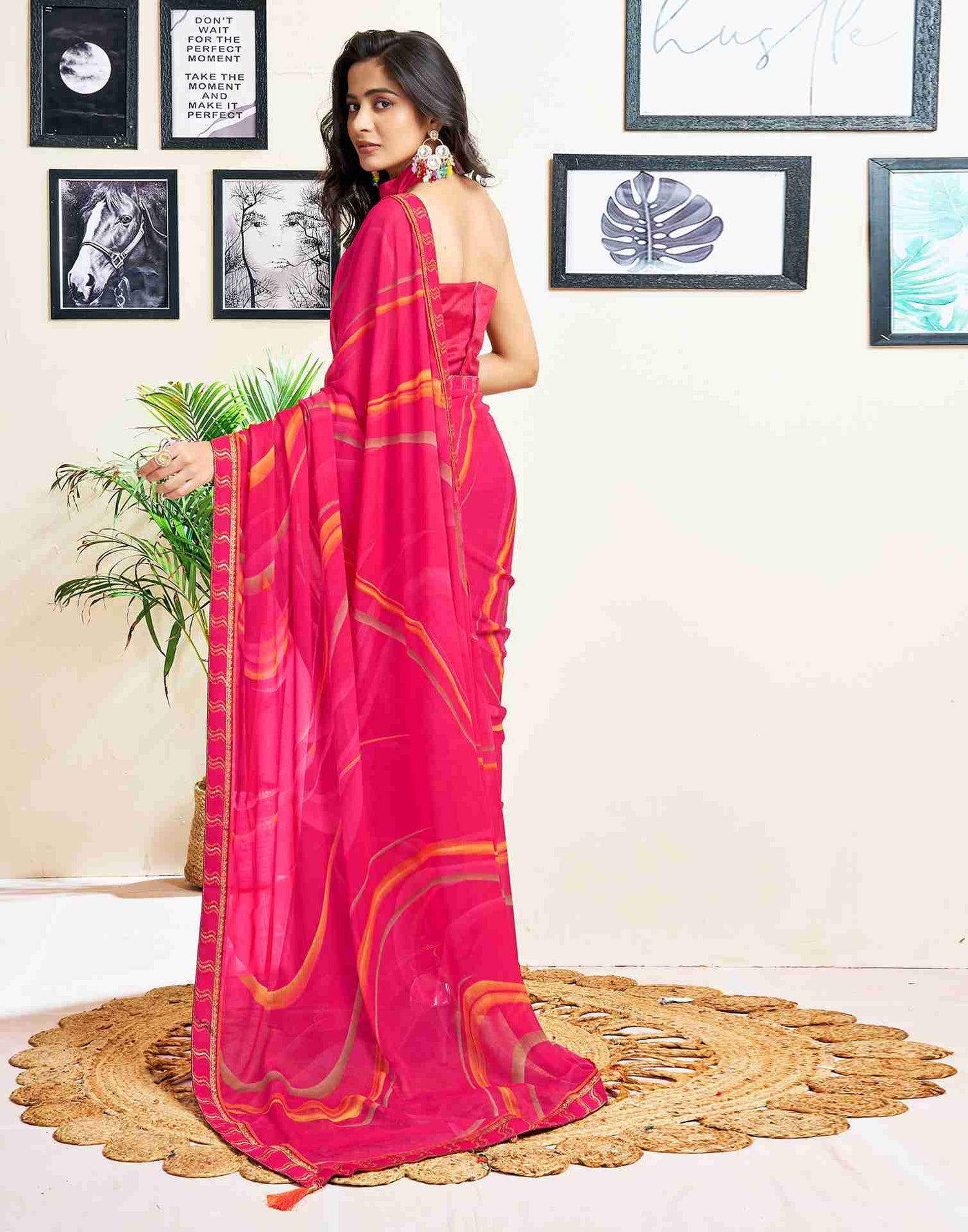 Rani Pink Chiffon Printed Saree