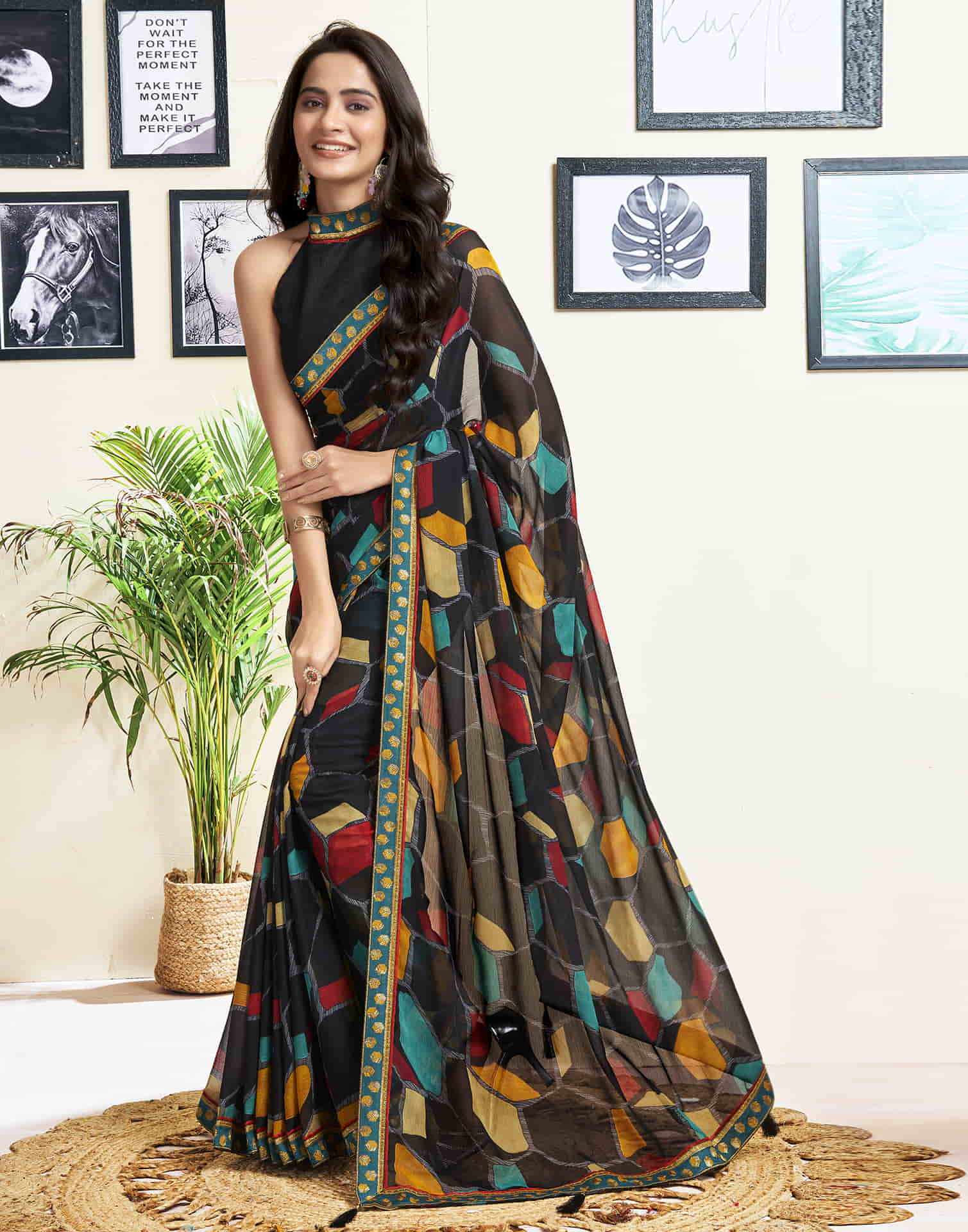 Black Printed Chiffon Saree