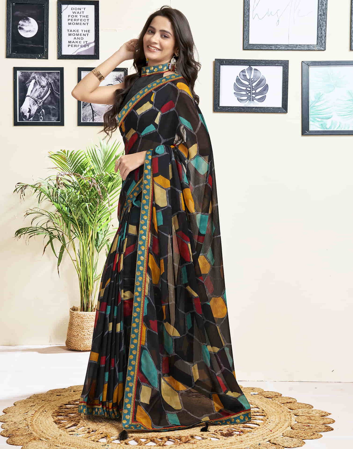 Black Printed Chiffon Saree