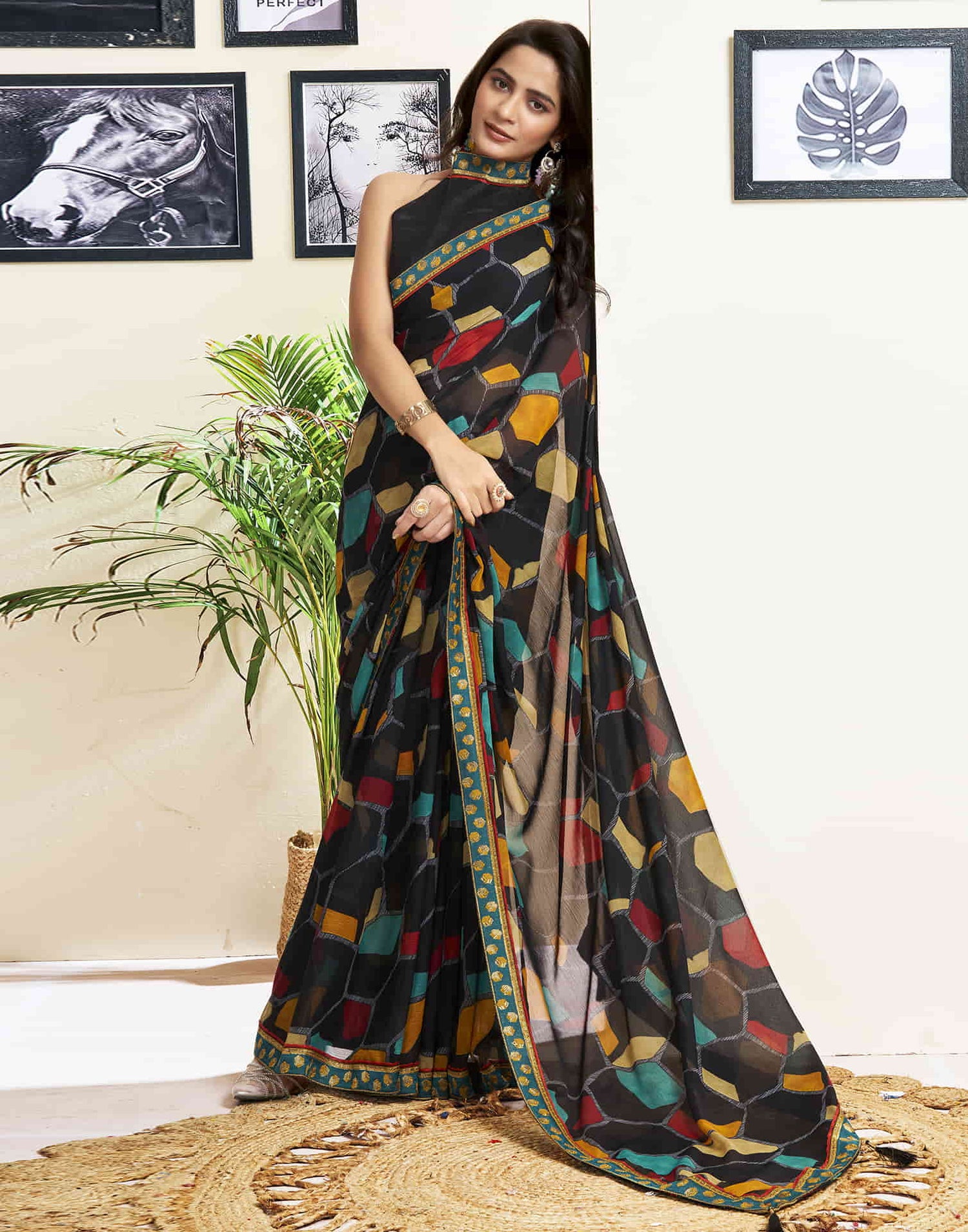 Black Printed Chiffon Saree