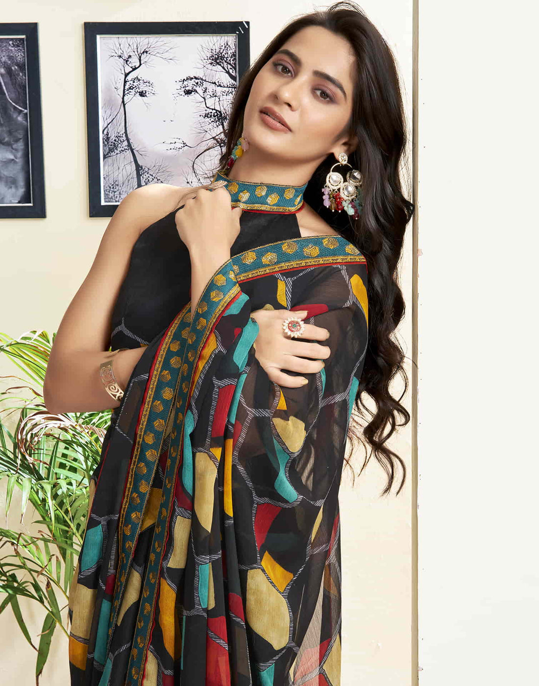 Black Printed Chiffon Saree