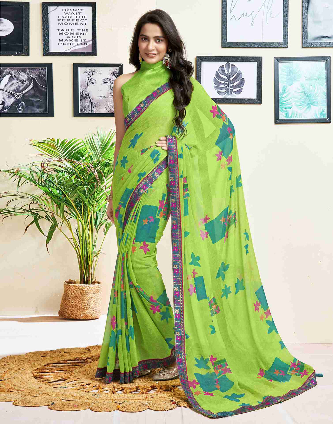 Green Chiffon Geometric Printed Saree