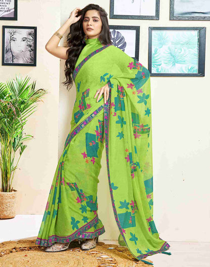 Green Chiffon Geometric Printed Saree