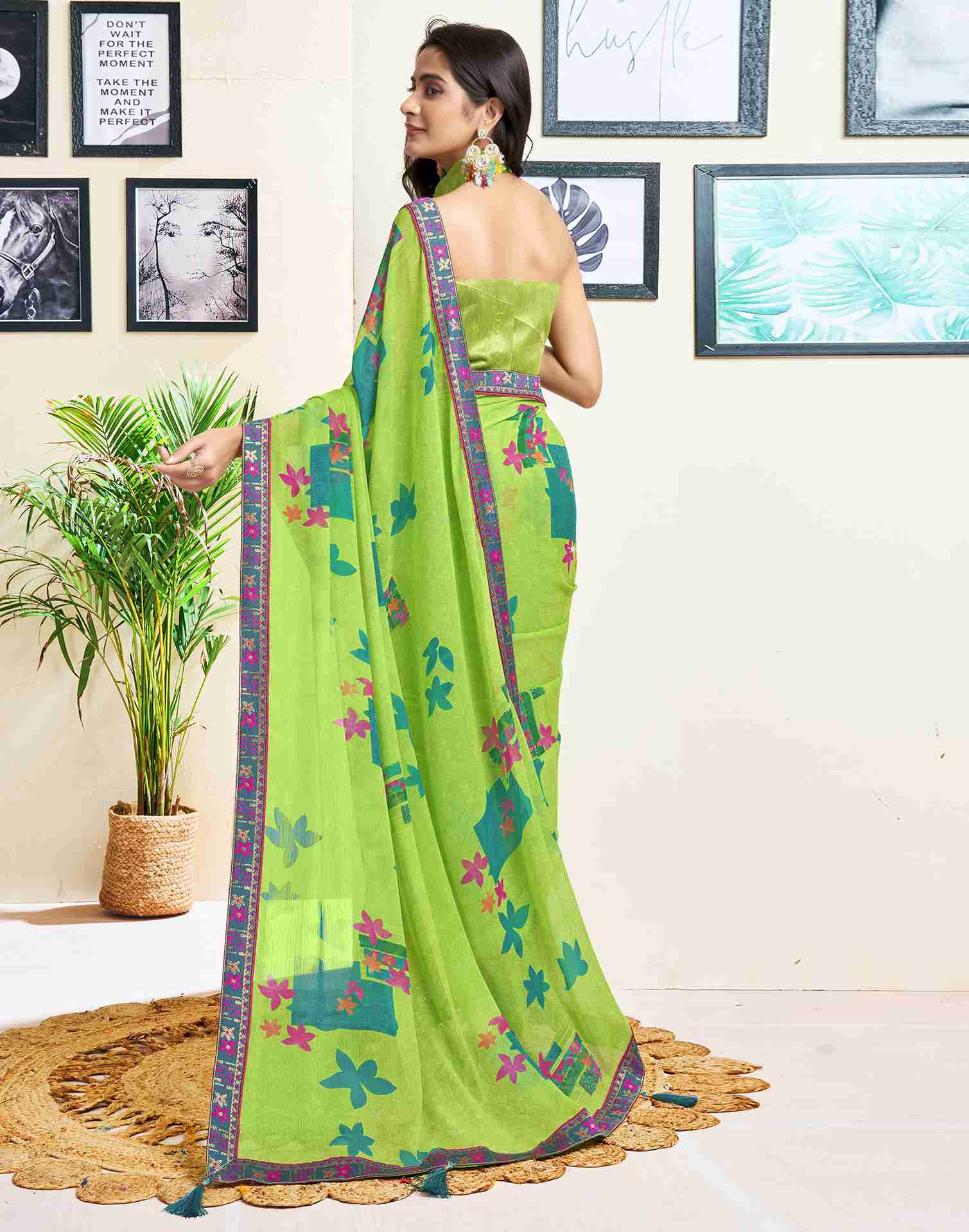 Green Chiffon Geometric Printed Saree