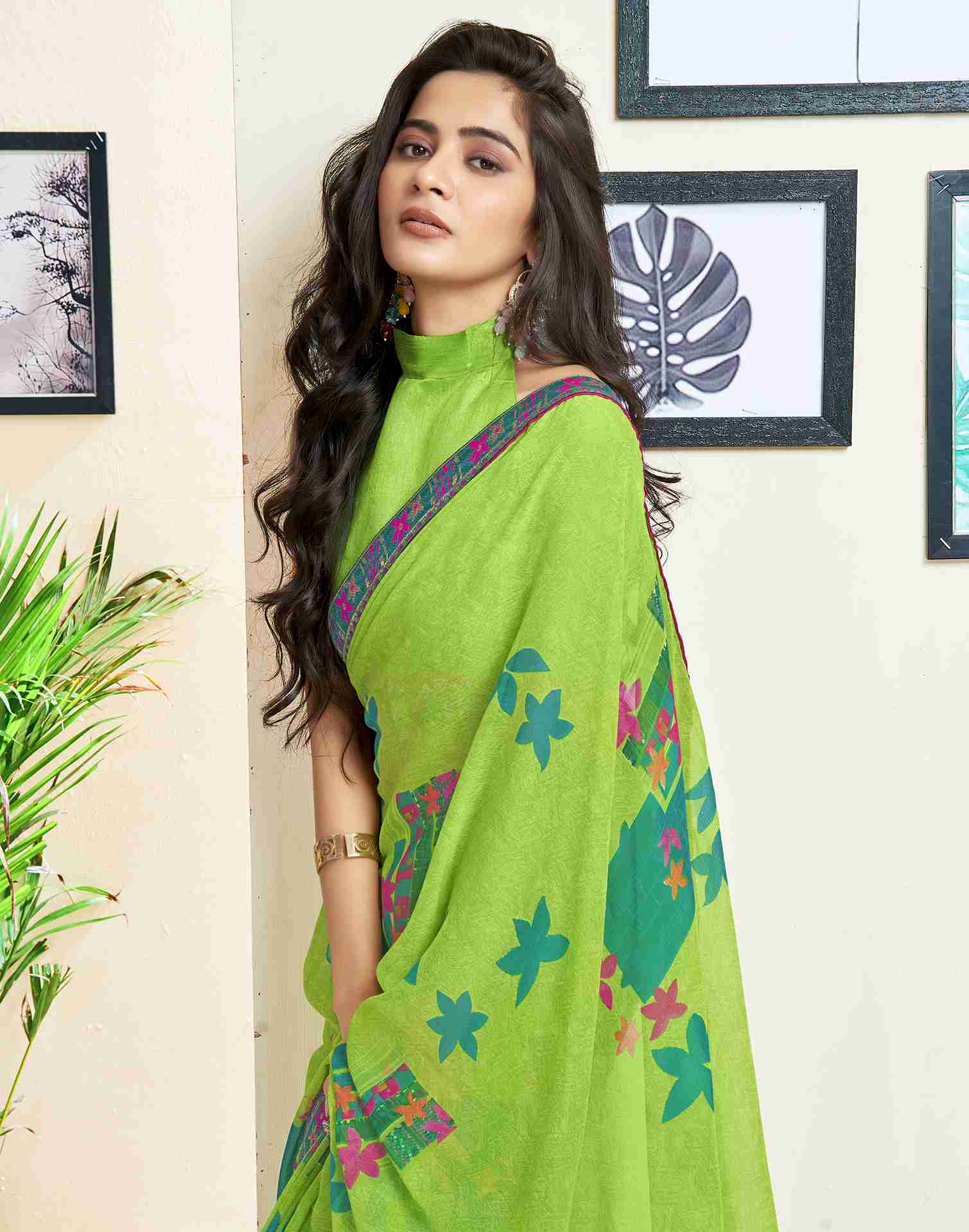 Green Chiffon Geometric Printed Saree