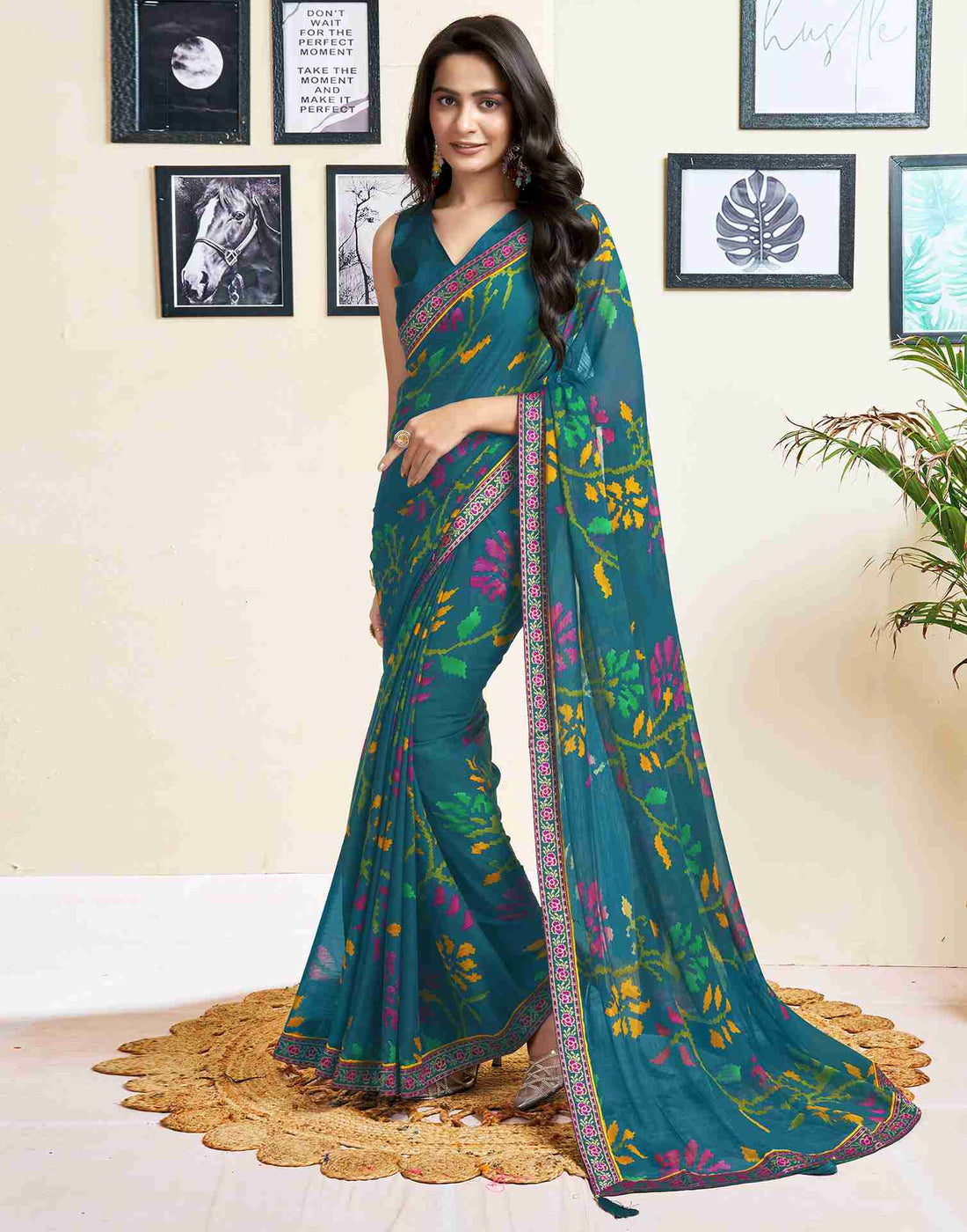 Rama Blue Chiffon Geometric Printed Saree