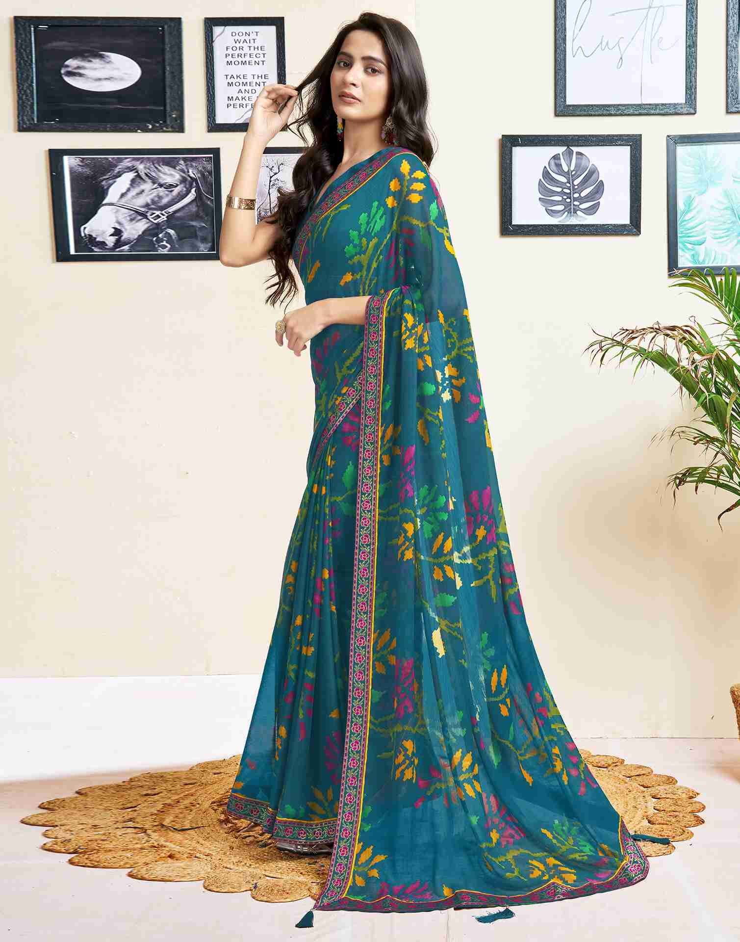 Rama Blue Chiffon Geometric Printed Saree