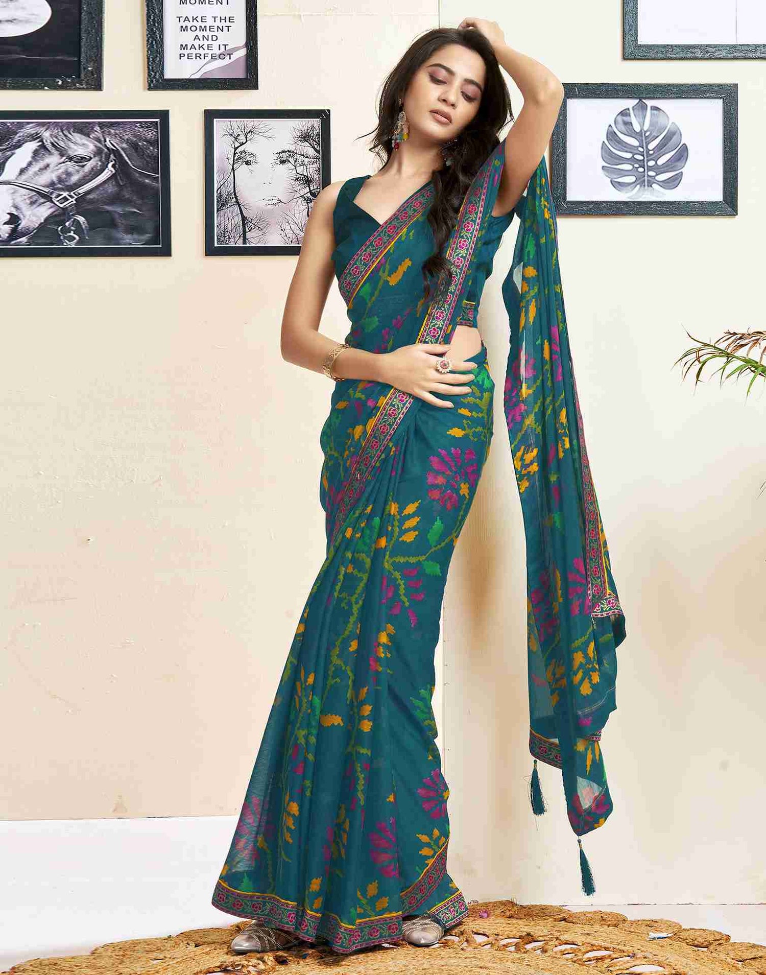 Rama Blue Chiffon Geometric Printed Saree