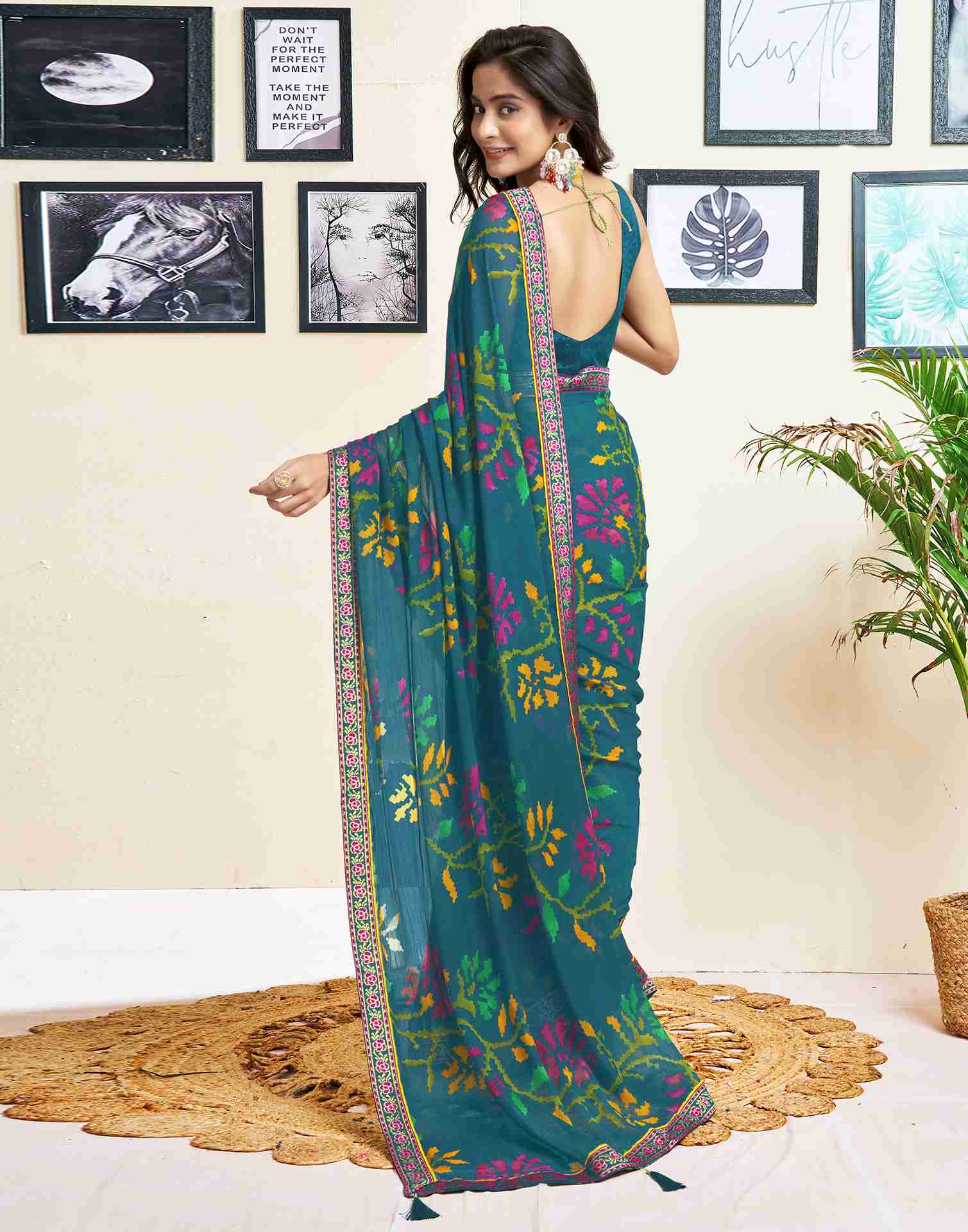 Rama Blue Chiffon Geometric Printed Saree