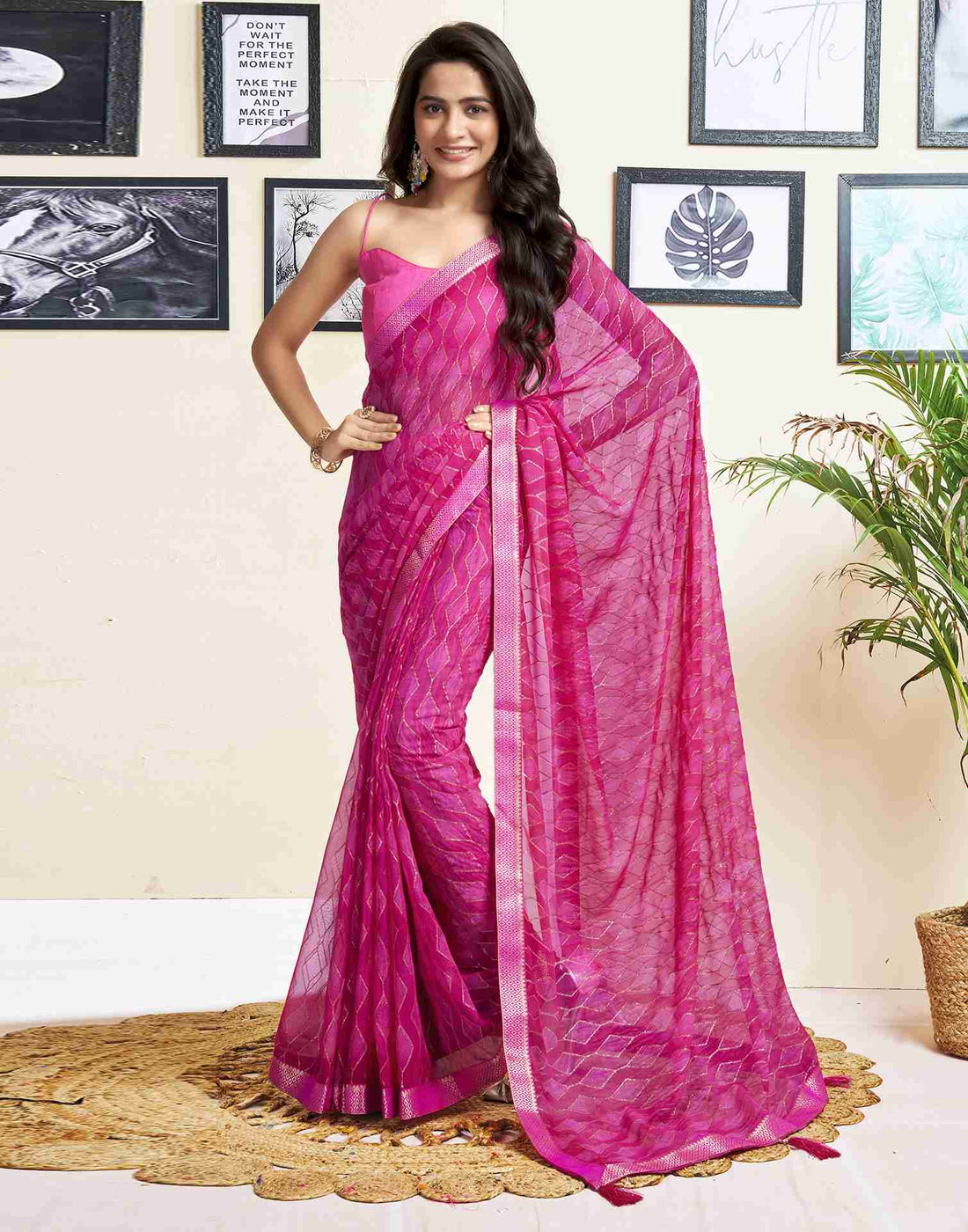 Rani Pink Georgette Geometric Printed Saree