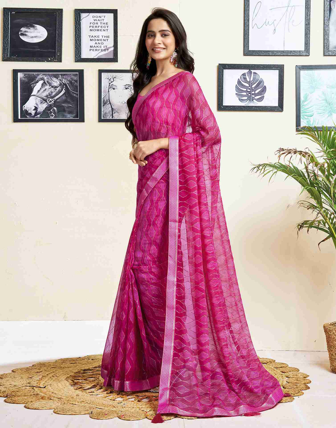 Rani Pink Georgette Geometric Printed Saree