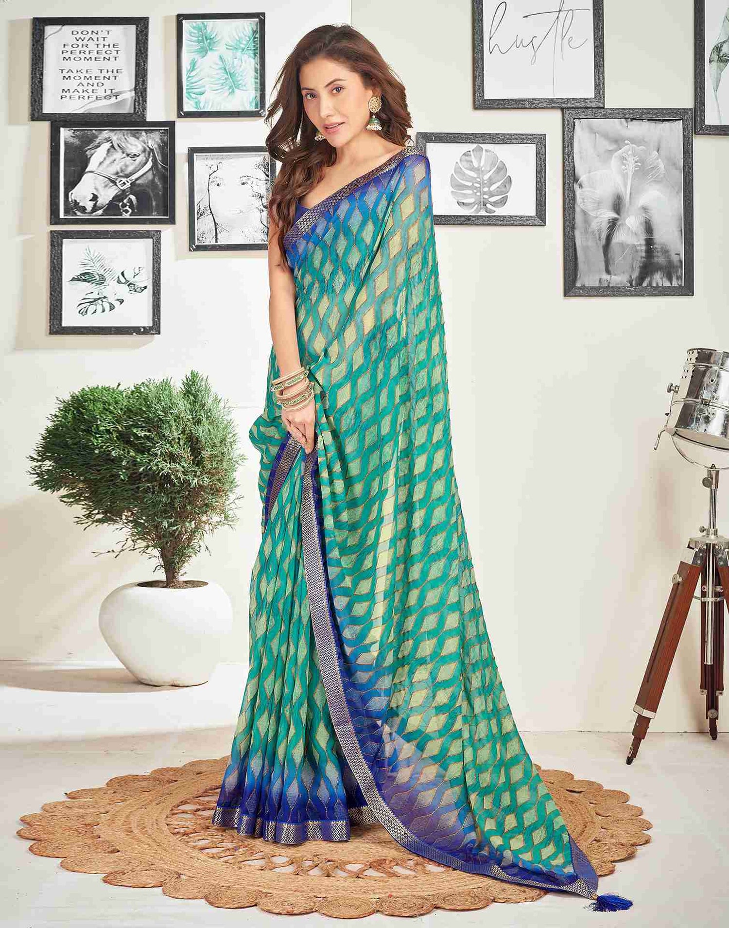 Teal Green Georgette Geometric Printed Saree