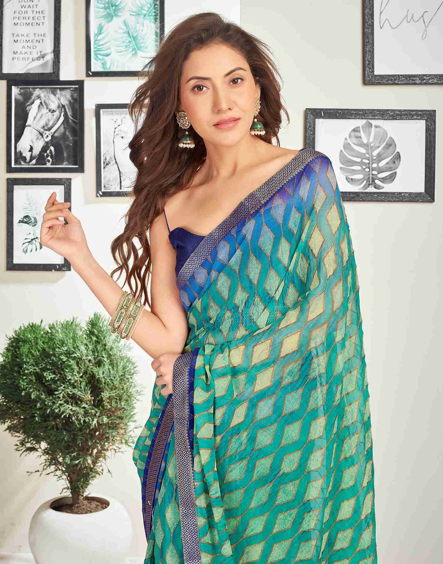 Teal Green Georgette Geometric Printed Saree