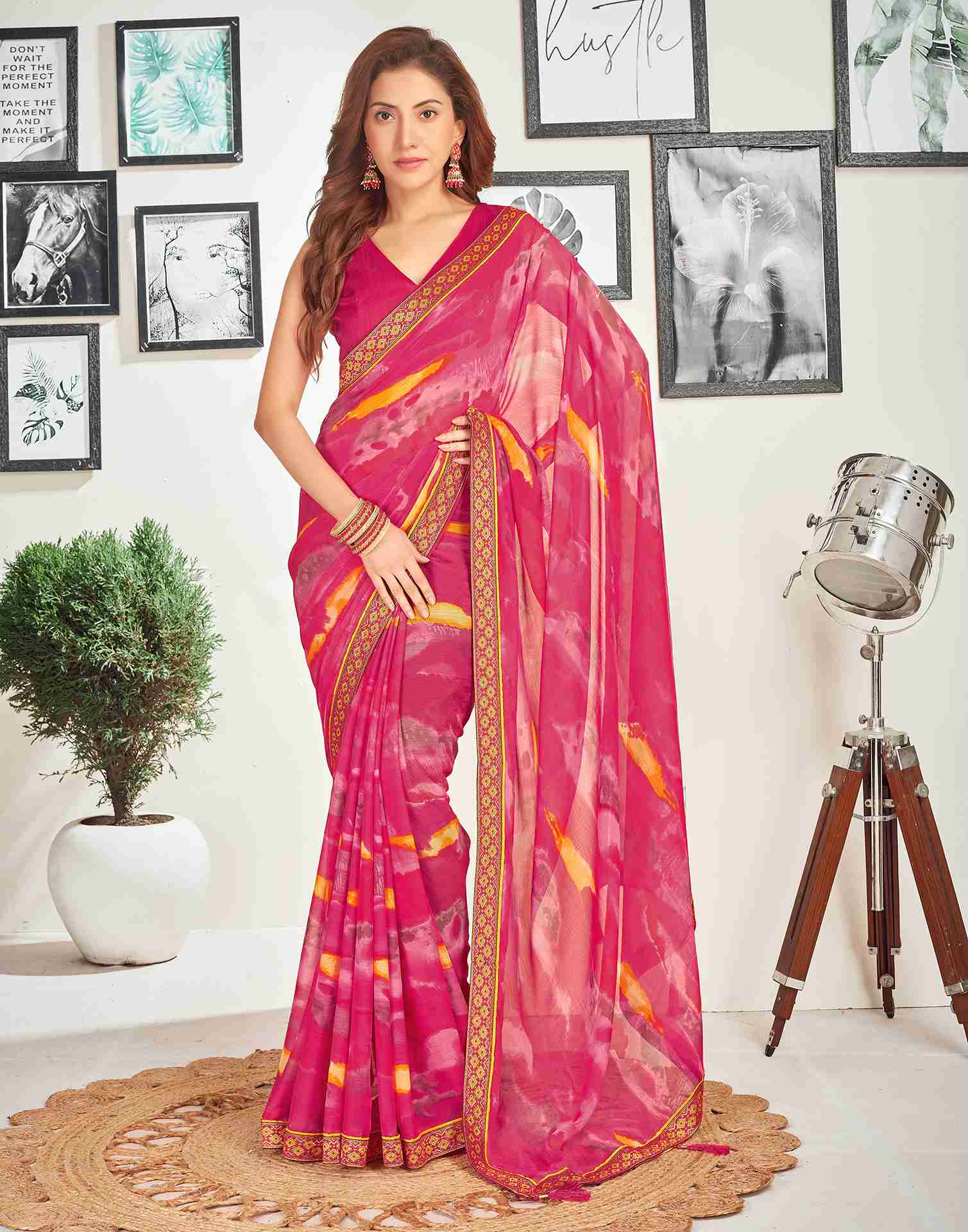 Rani Pink Chiffon Printed Saree