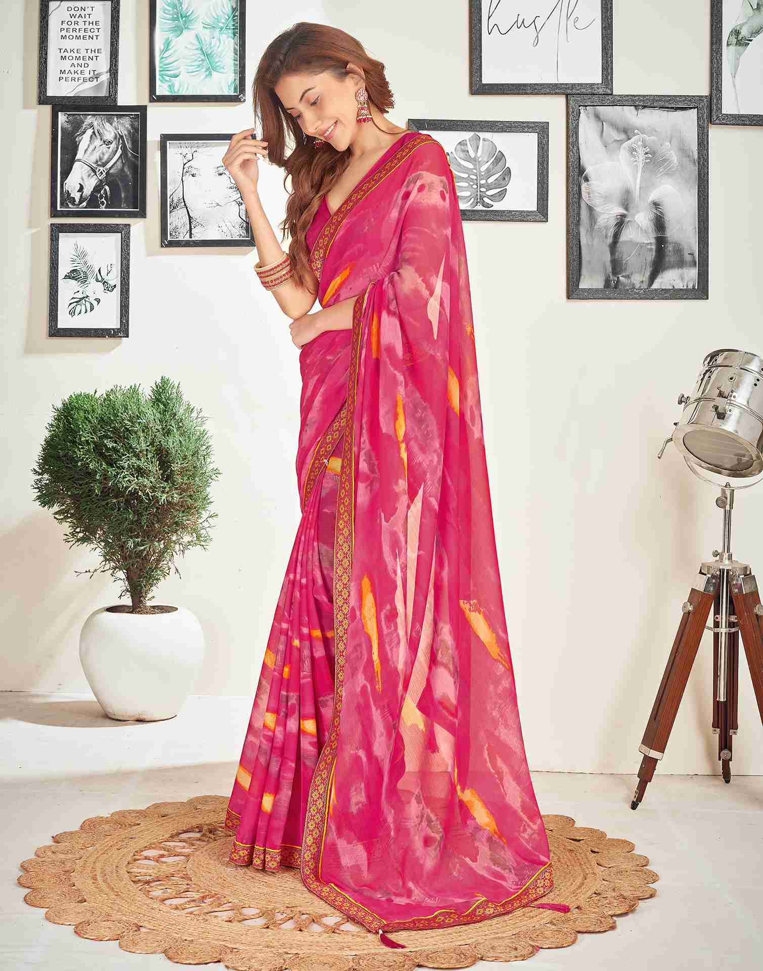 Rani Pink Chiffon Printed Saree