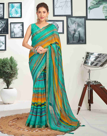 Turquoise Chiffon Printed Saree