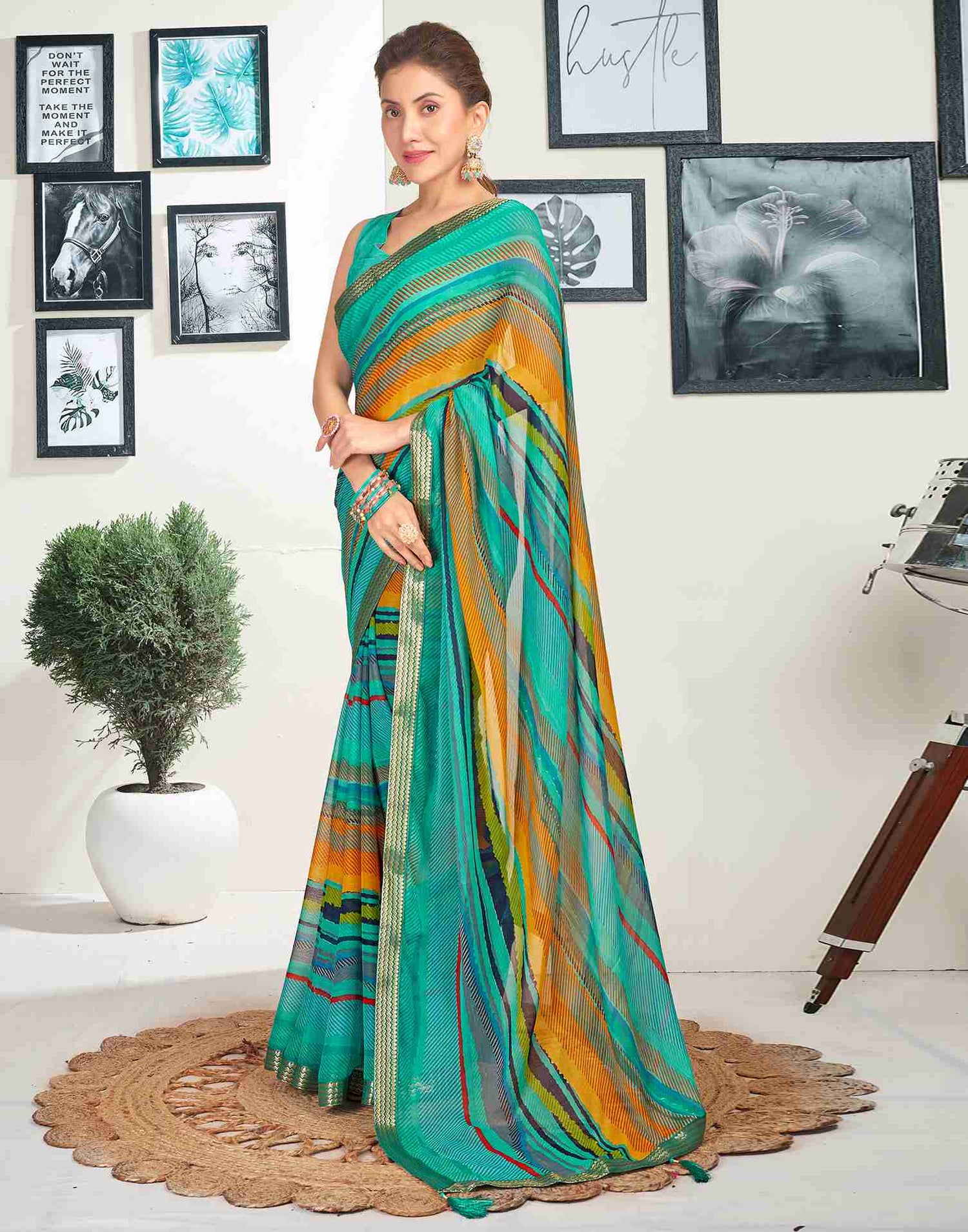 Turquoise Chiffon Printed Saree