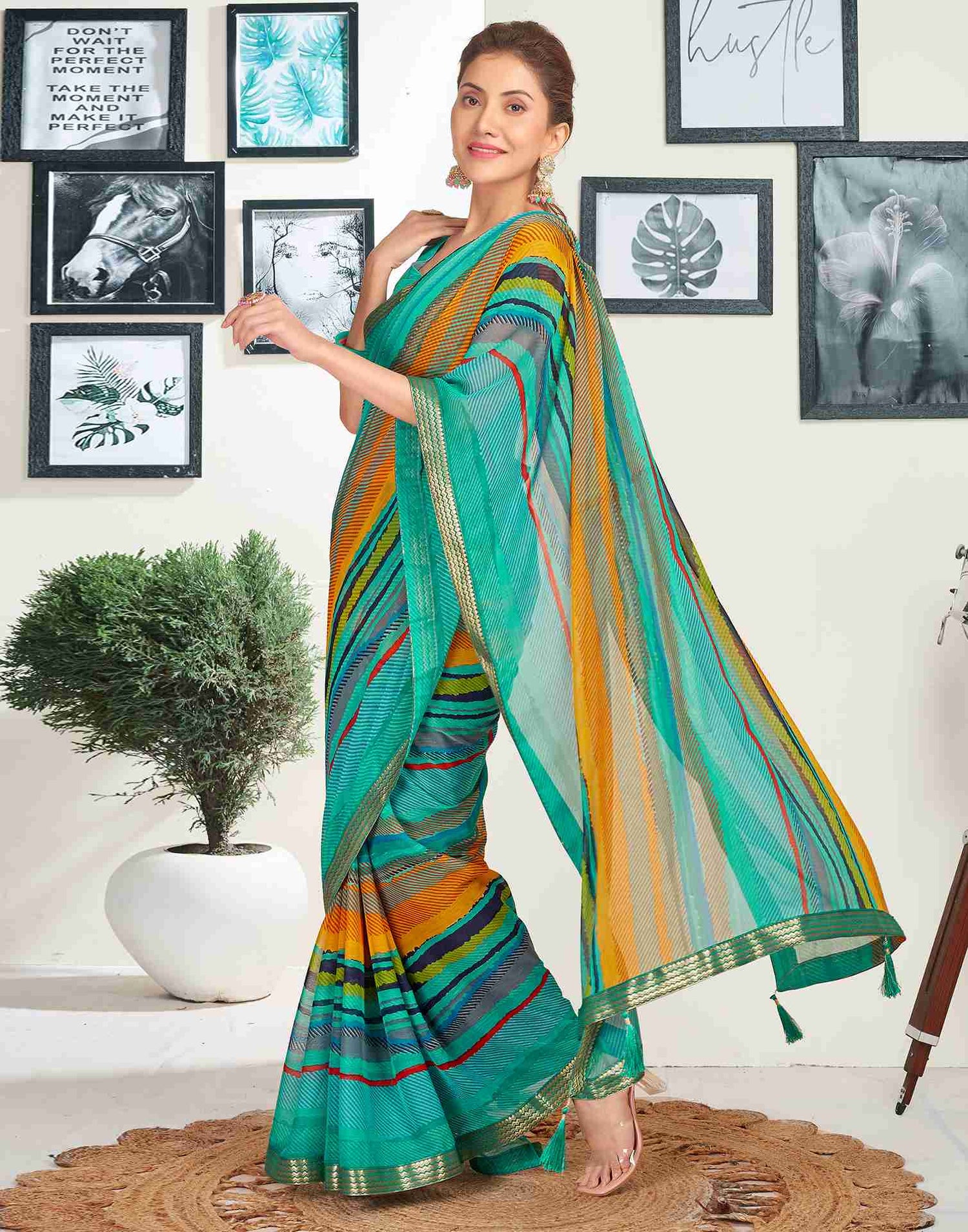 Turquoise Chiffon Printed Saree