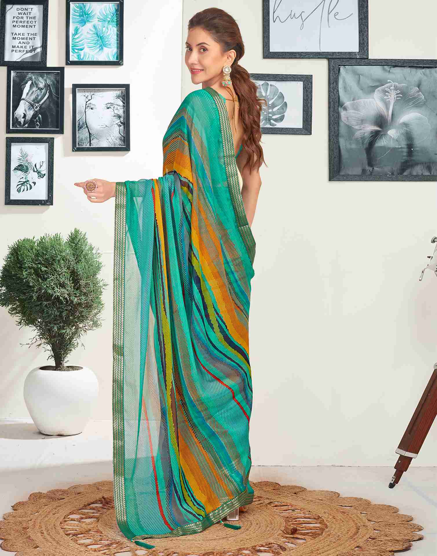 Turquoise Chiffon Printed Saree