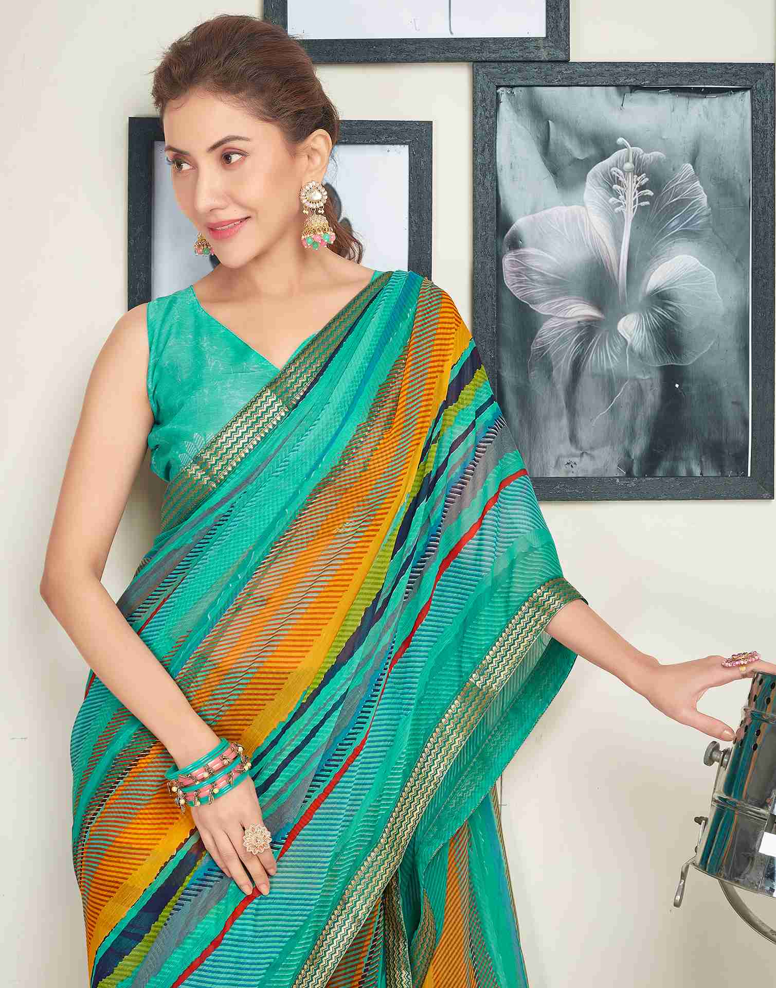 Turquoise Chiffon Printed Saree