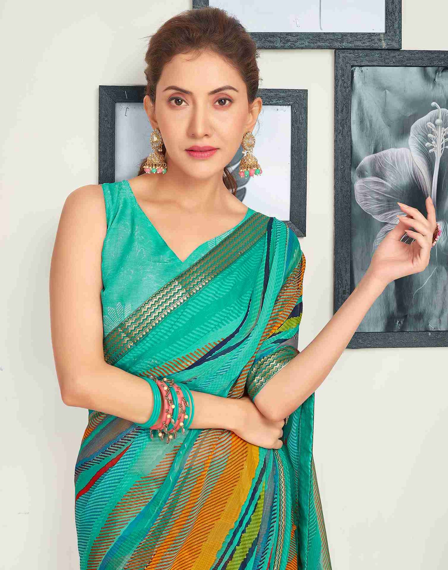 Turquoise Chiffon Printed Saree