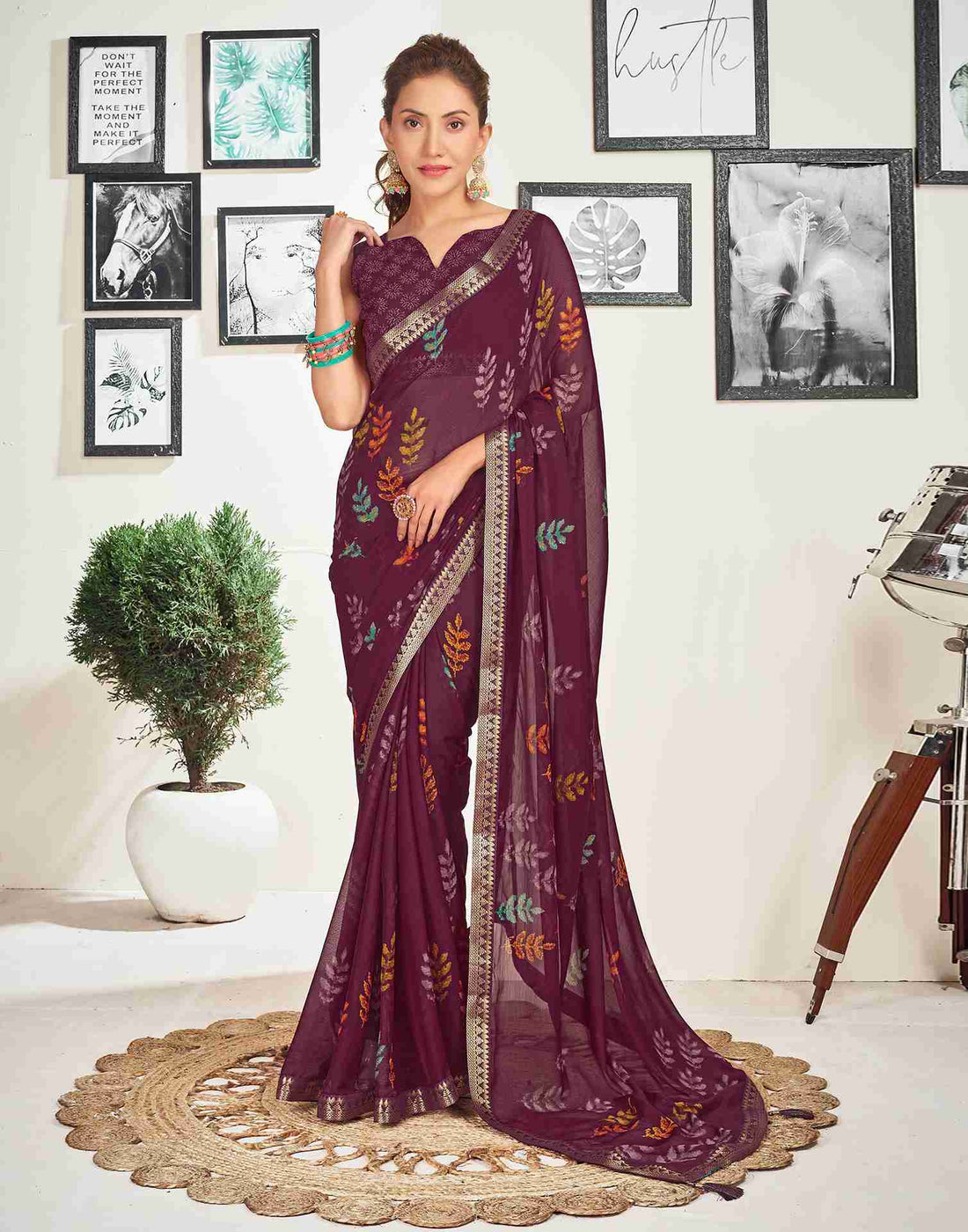 Wine Chiffon Printed Saree