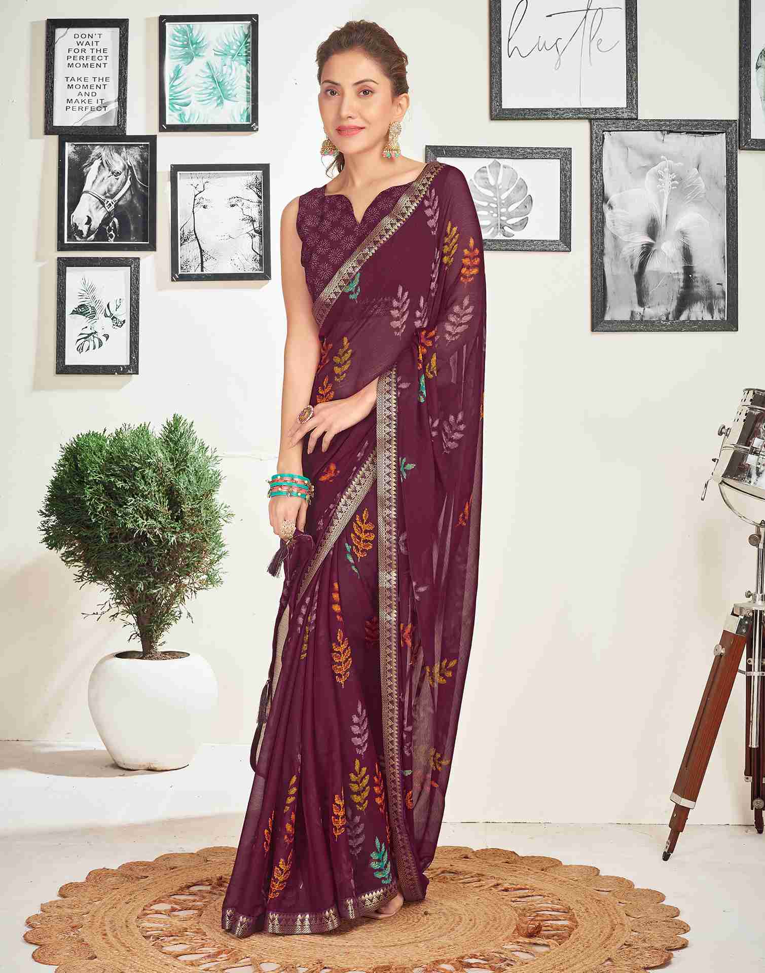 Wine Chiffon Printed Saree