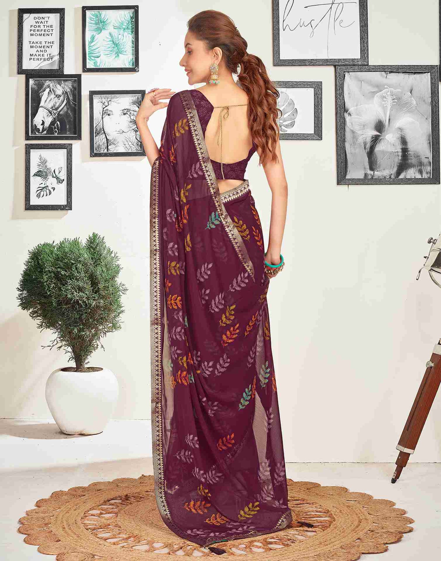 Wine Chiffon Printed Saree