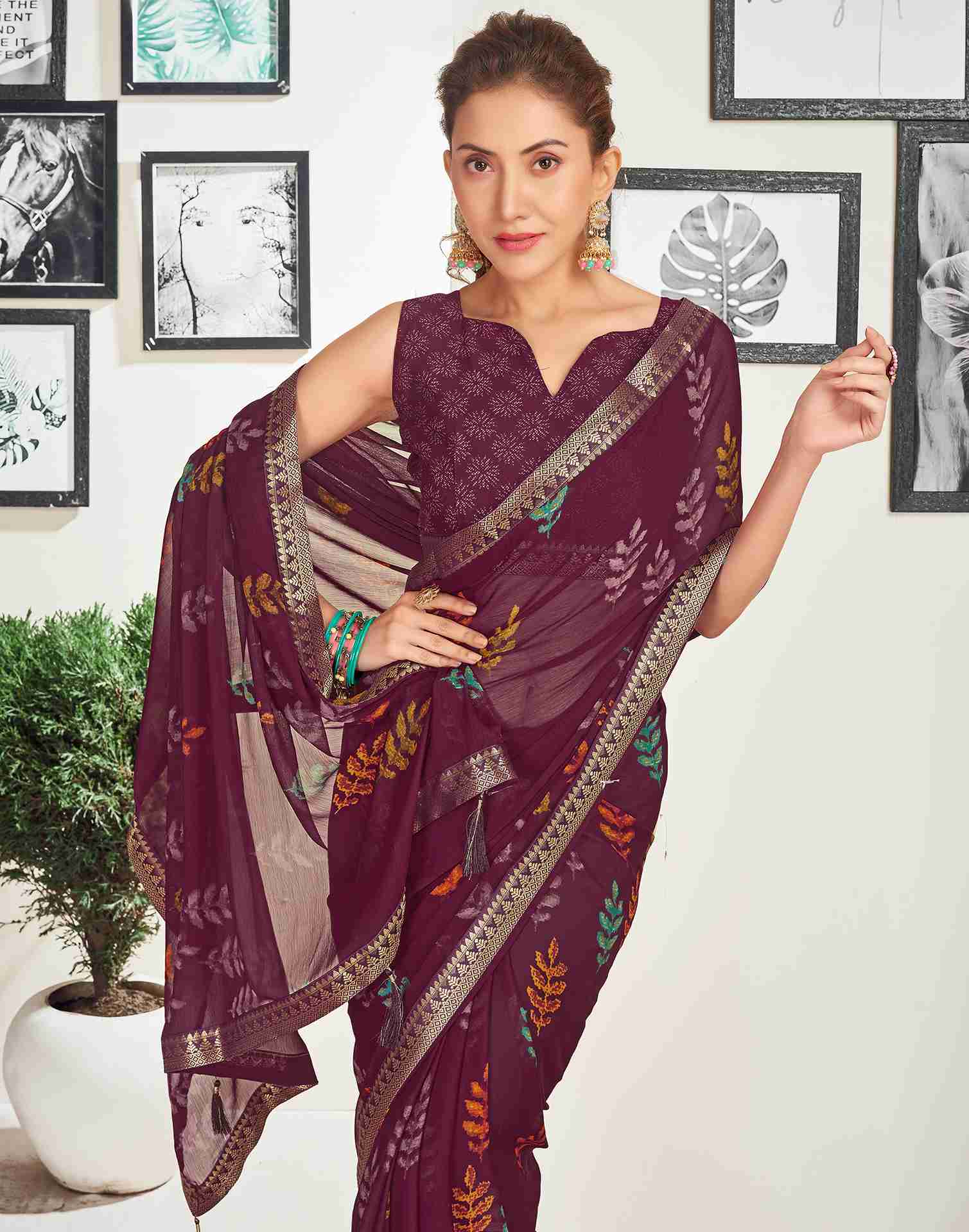 Wine Chiffon Printed Saree