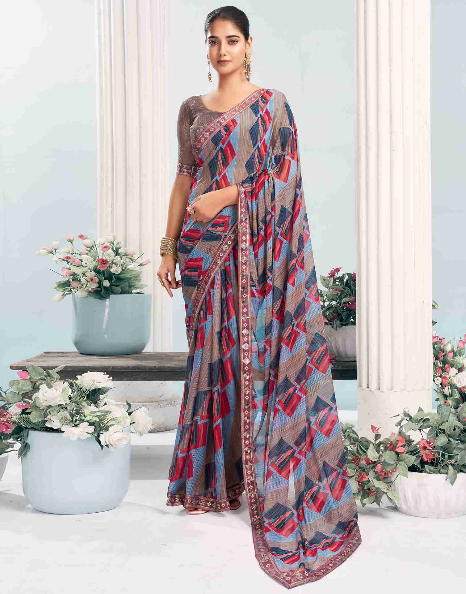 Coffee Brown Chiffon Printed Saree