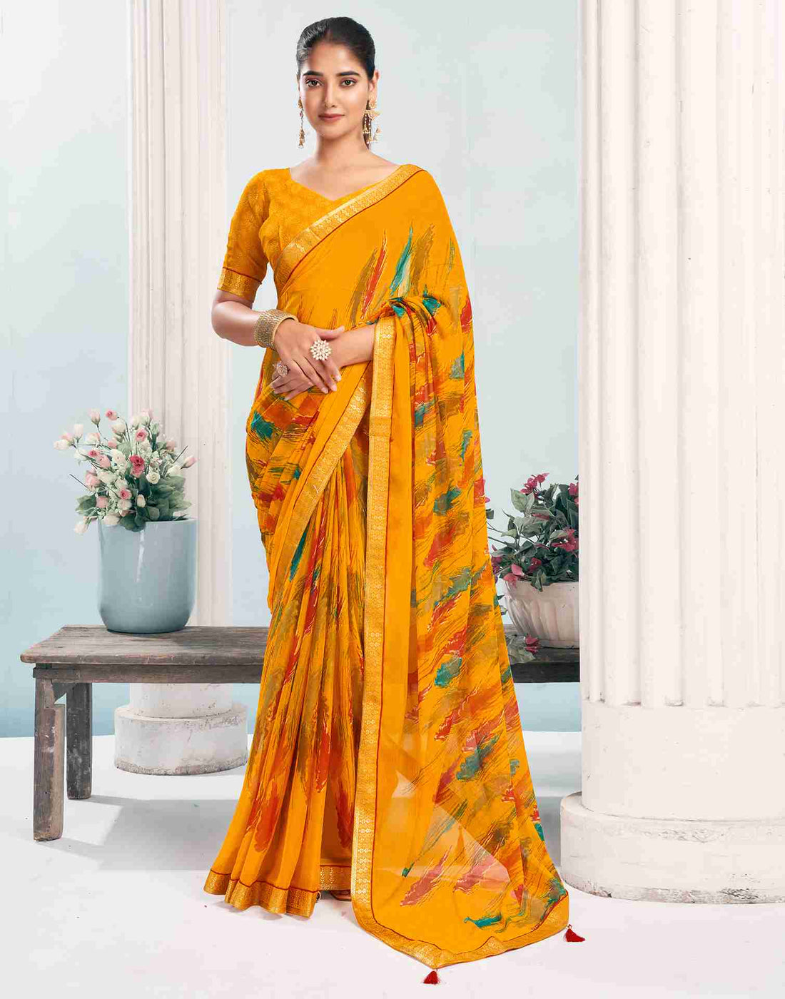 Yellow Chiffon Printed Saree