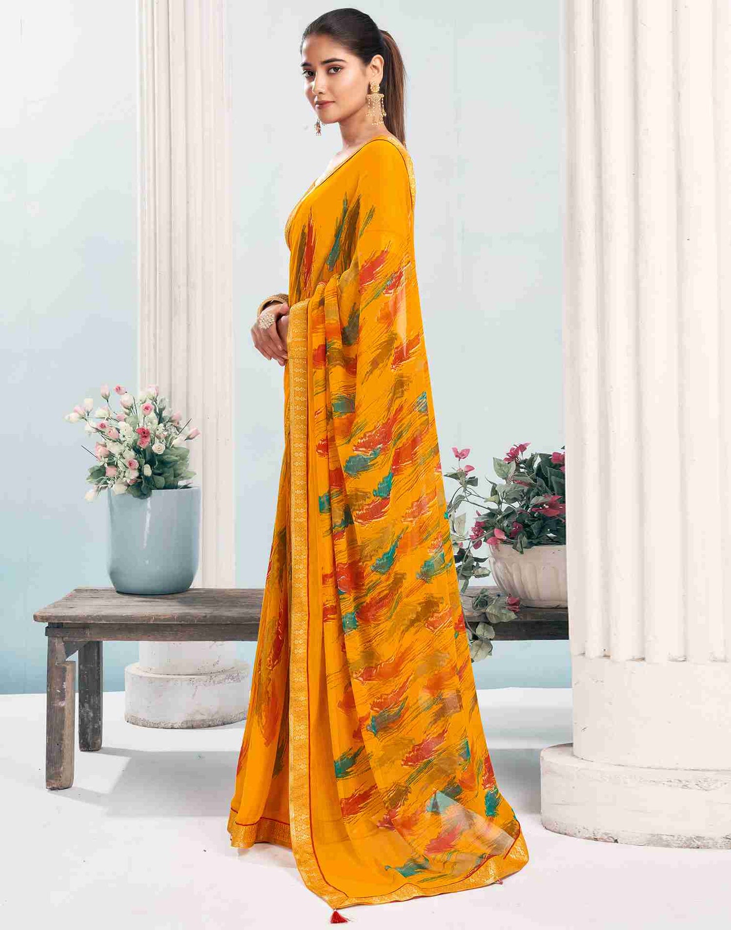 Yellow Chiffon Printed Saree