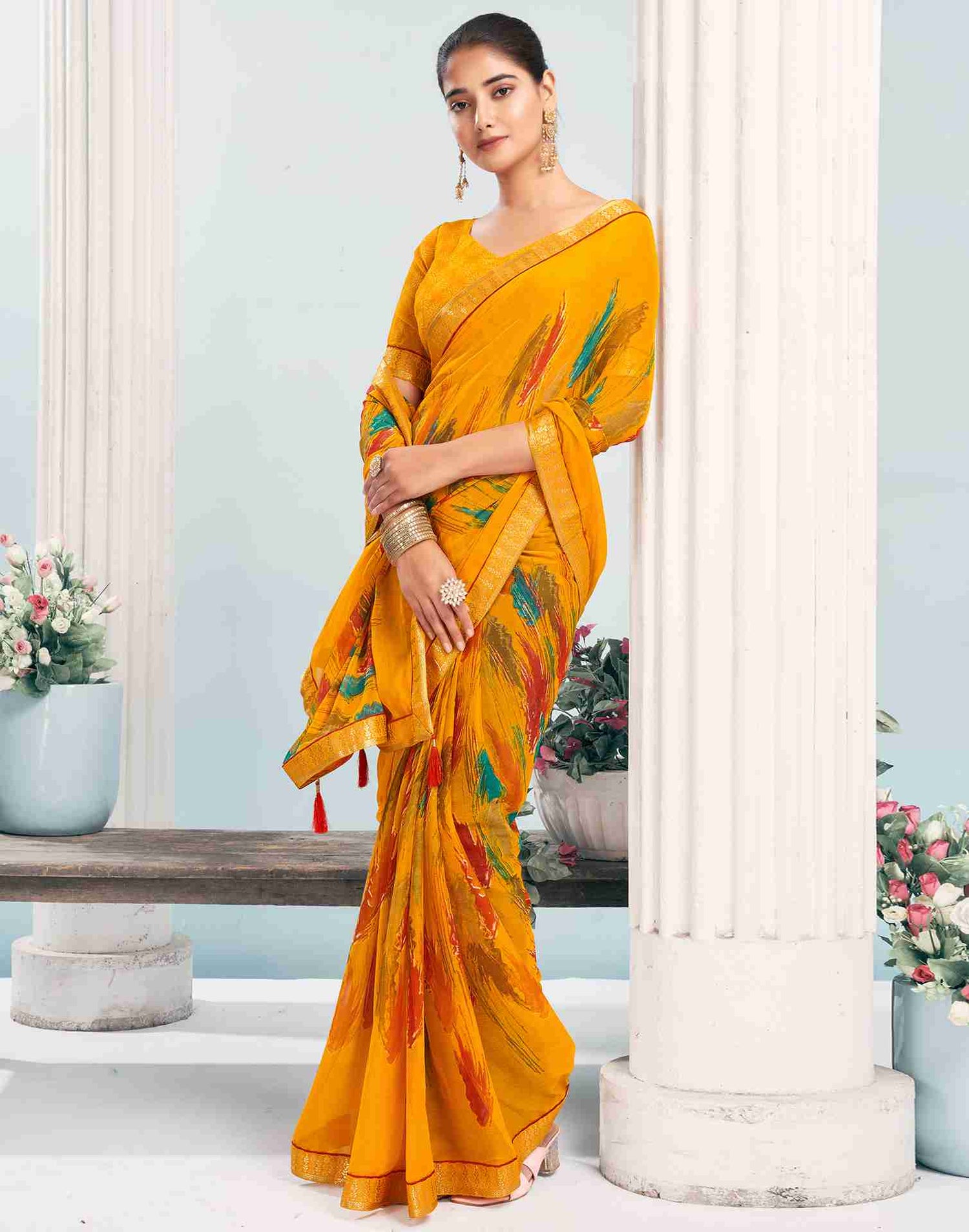 Yellow Chiffon Printed Saree