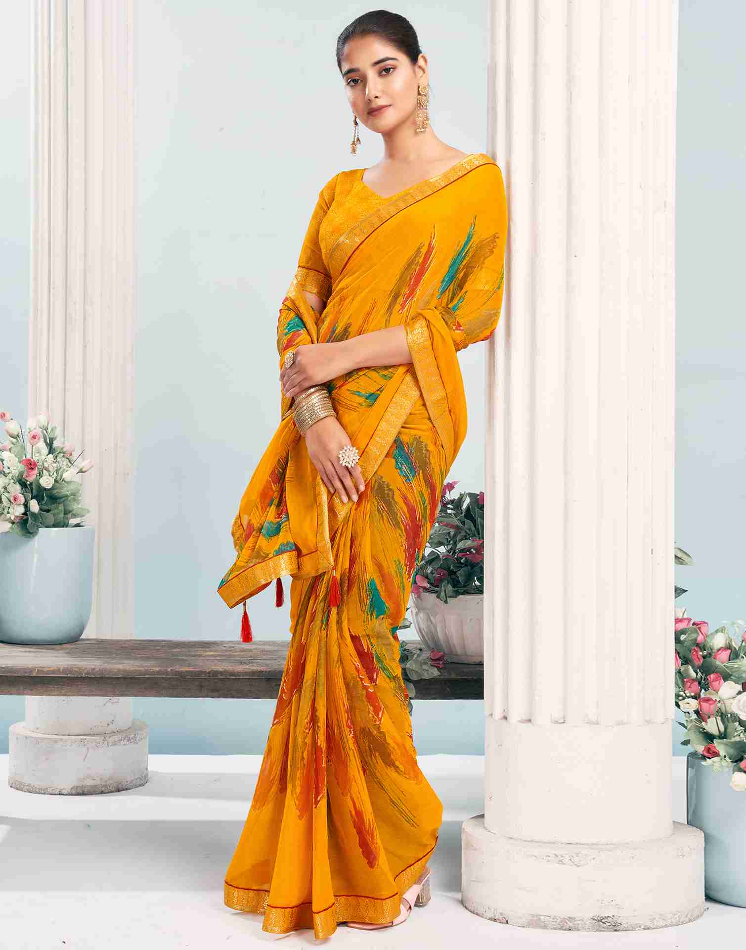 Yellow Chiffon Printed Saree