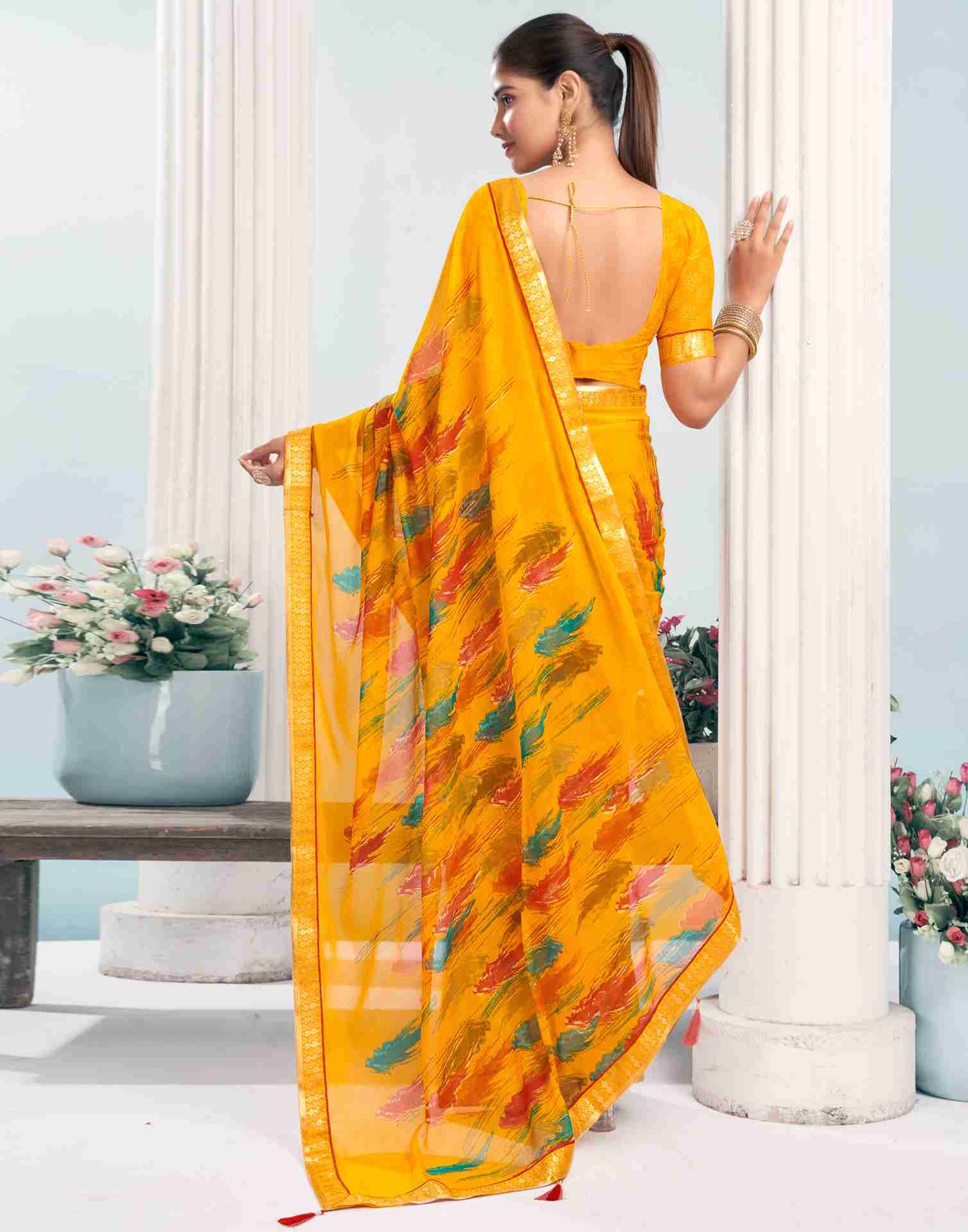 Yellow Chiffon Printed Saree