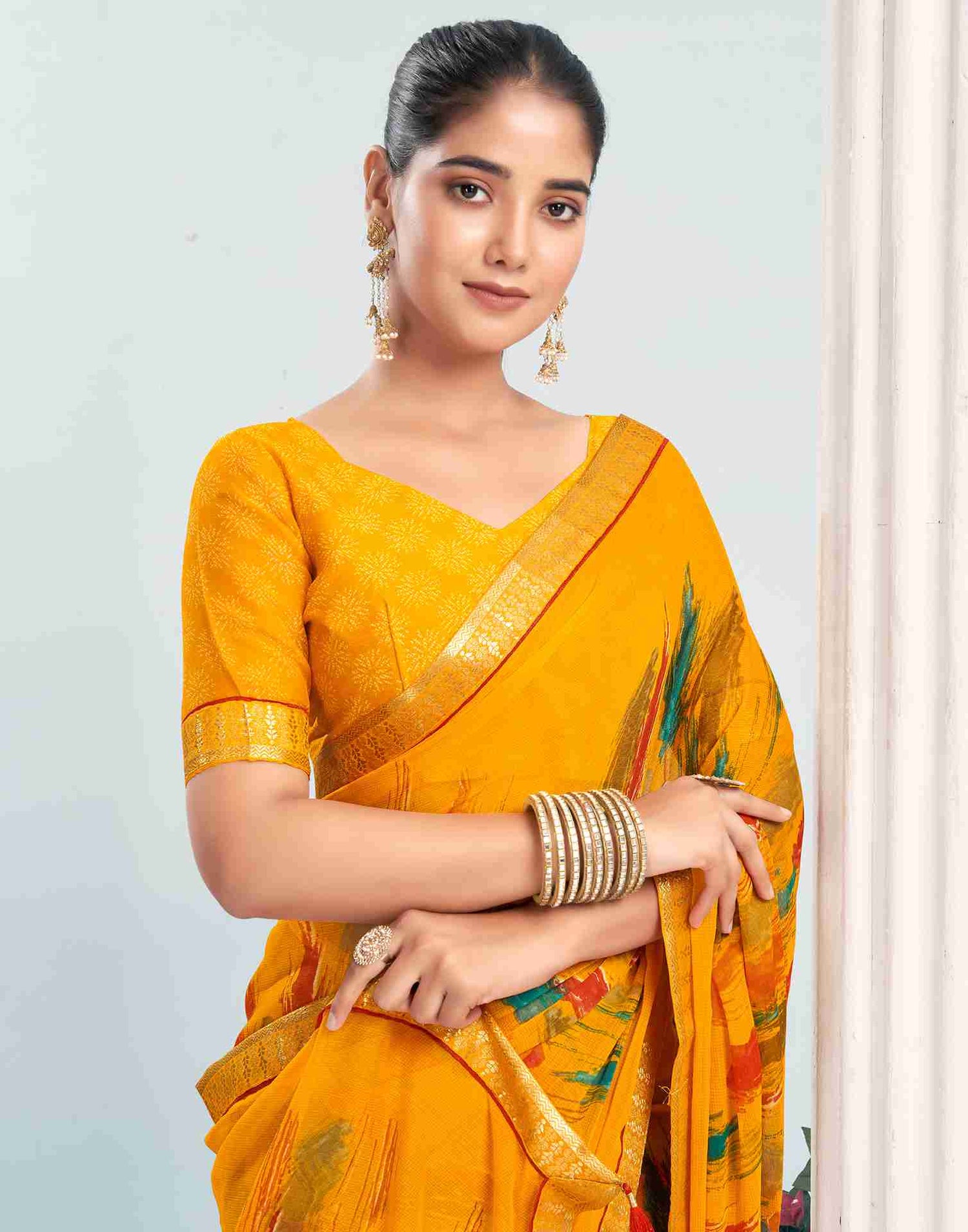 Yellow Chiffon Printed Saree