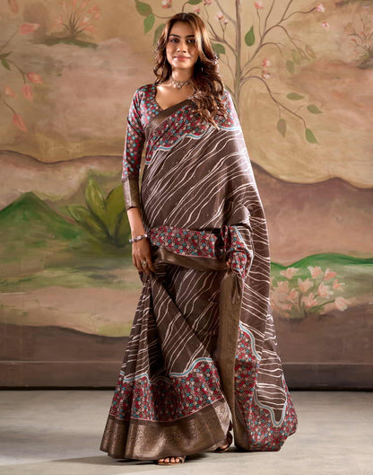 Brown Silk Printed Saree