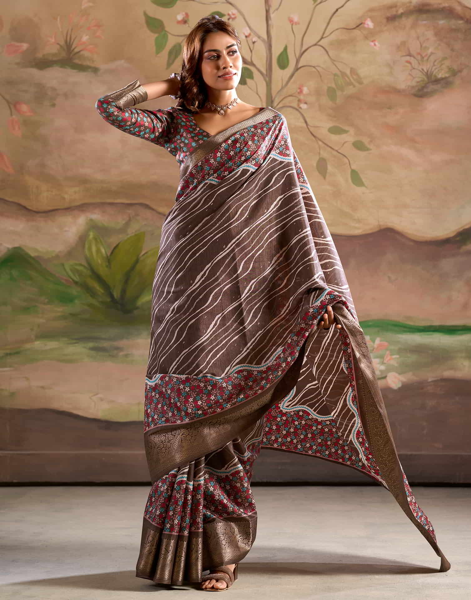 Brown Silk Printed Saree