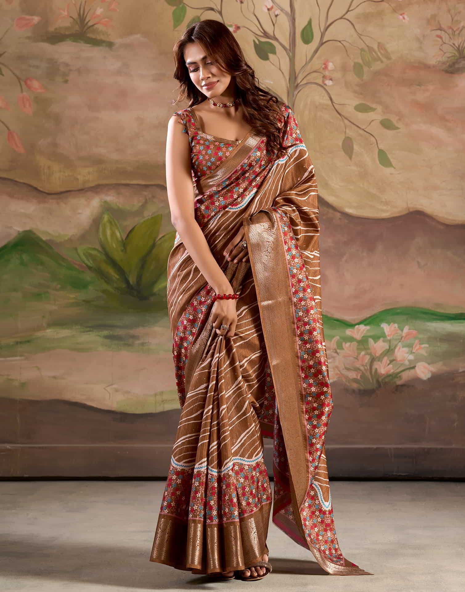 Brown Silk Printed Saree