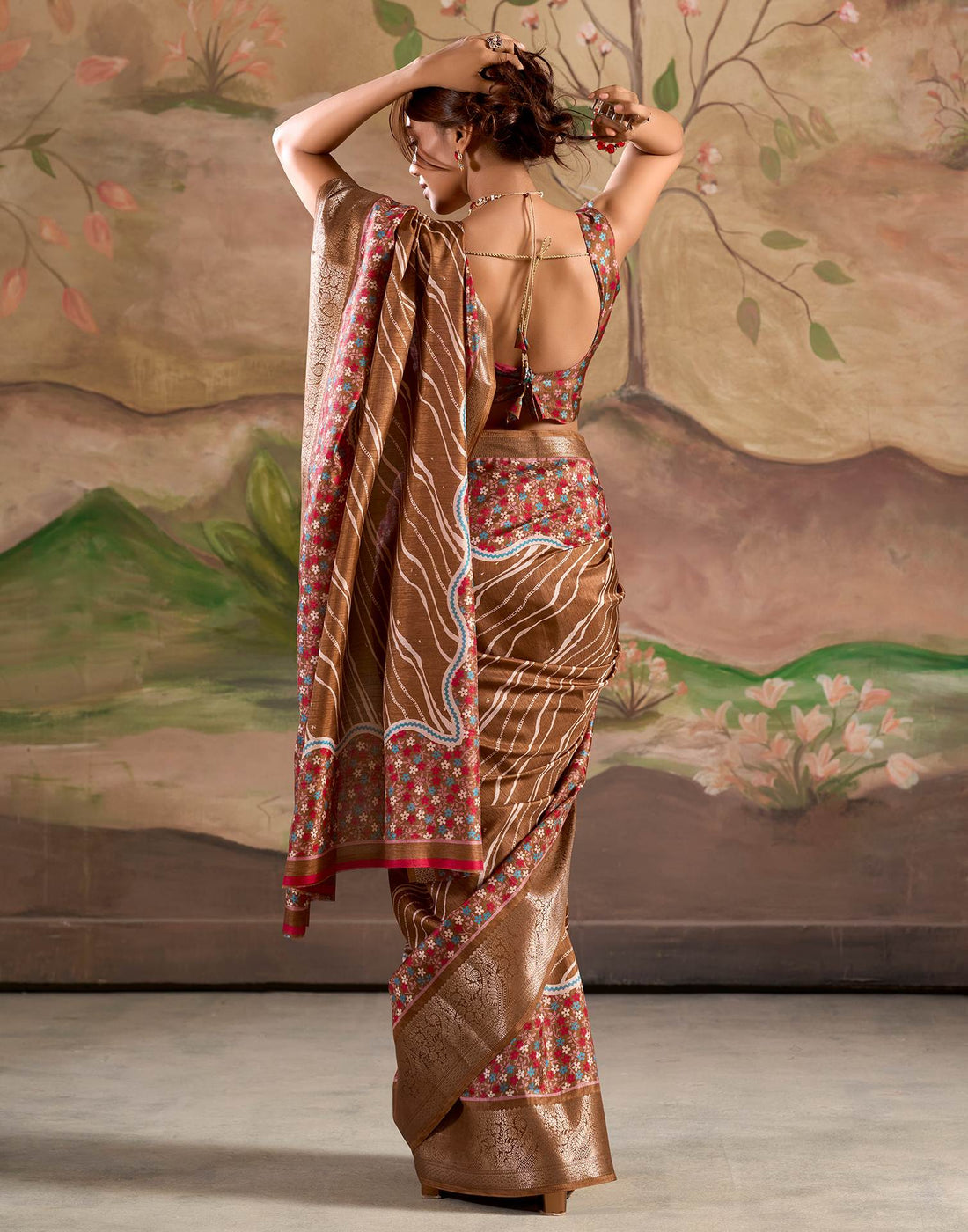 Bronze Brown Dola Silk Floral Printed Leheriya Saree
