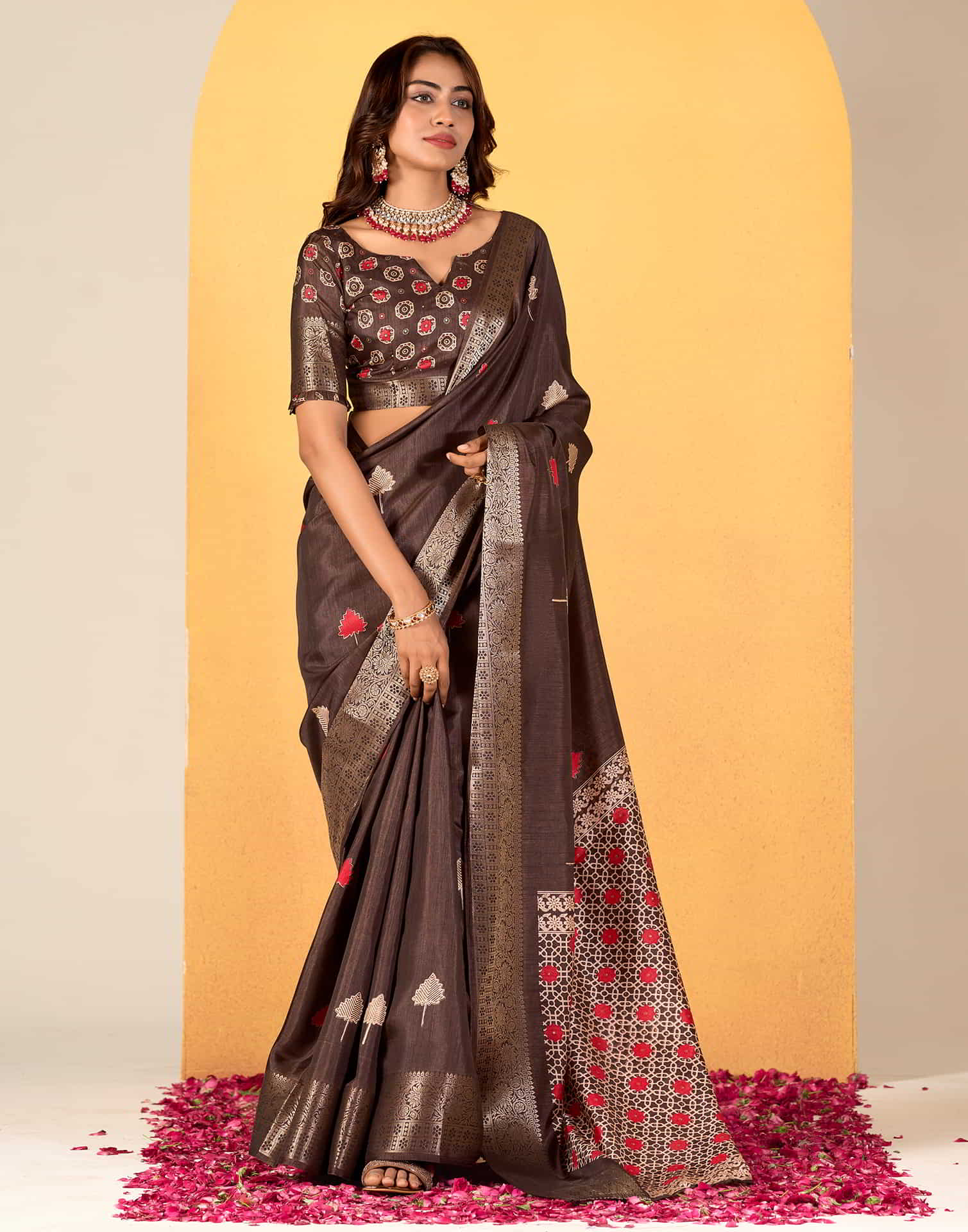 Brown Silk Printed Saree