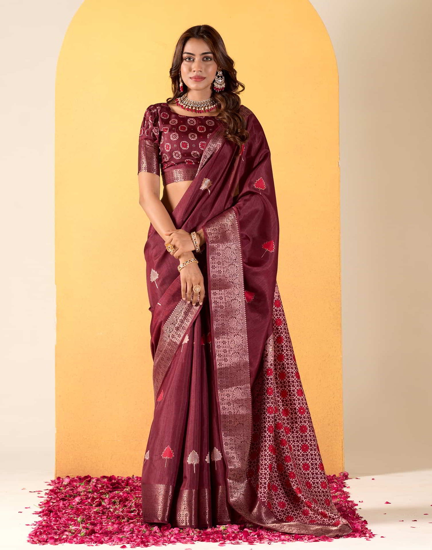 Maroon Silk Printed Saree