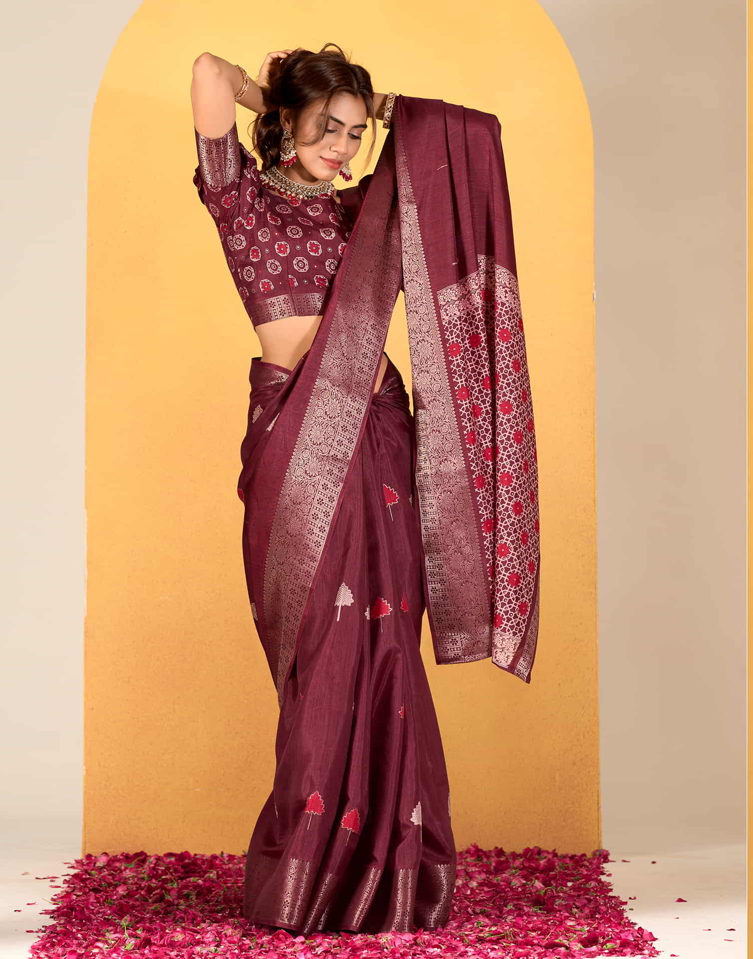 Maroon Silk Printed Saree